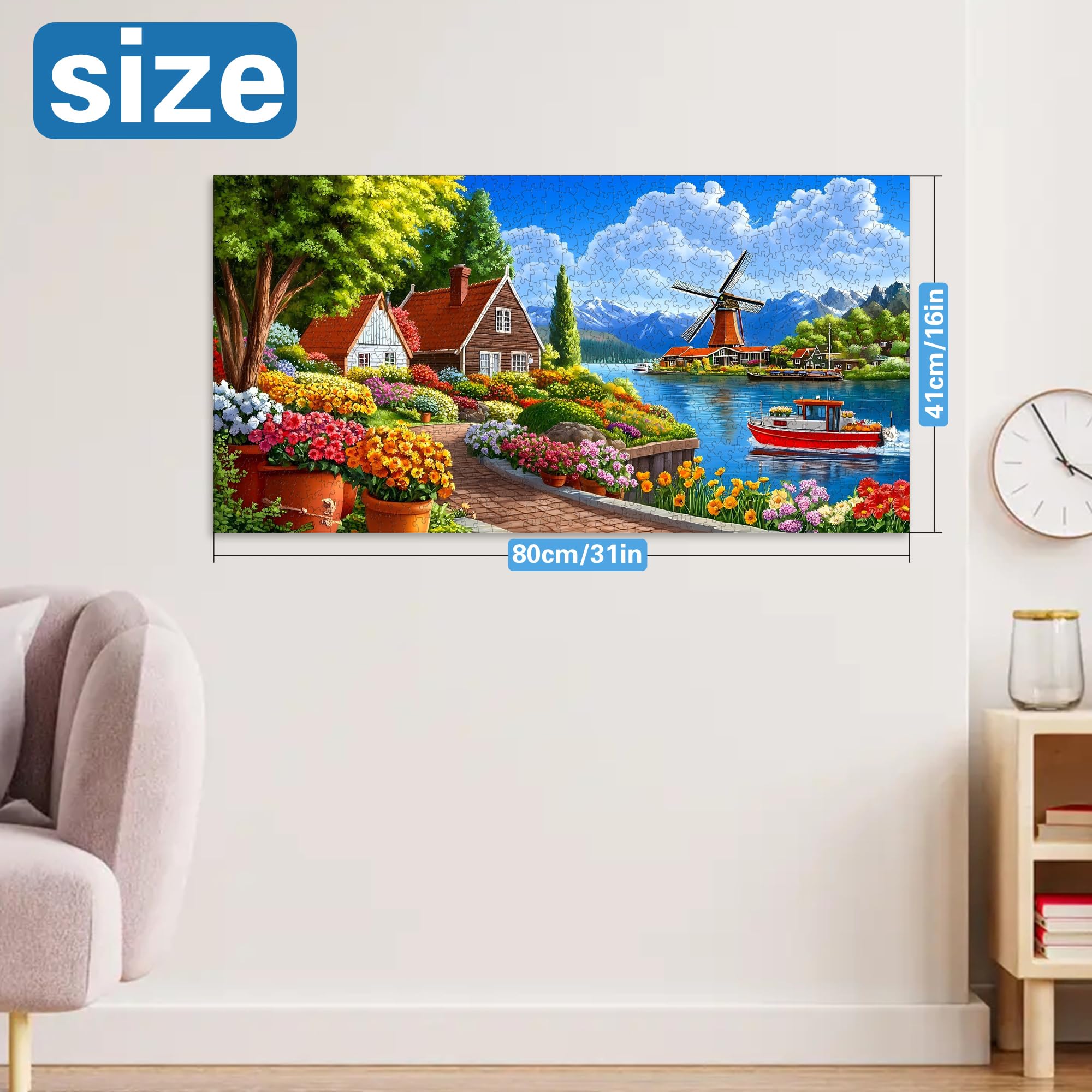 Puzzle 1000 Pezzi per Adulti Villaggio Olandese - Forma Speciale Puzzle classici | Impossibile Puzzles | Decorazione Murale Unica (41x80cm) | Regalo Originale per Amanti dei Puzzle - 4