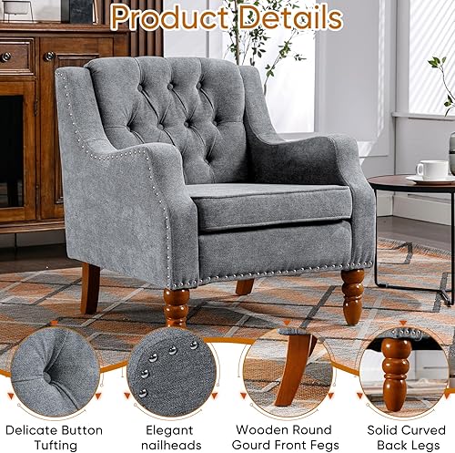 Miniatura 10 de Sillas decorativas de tela de lino, moderna de mediados de siglo, silla decorativa tapizada individual con respaldo, cómoda silla de lectura con