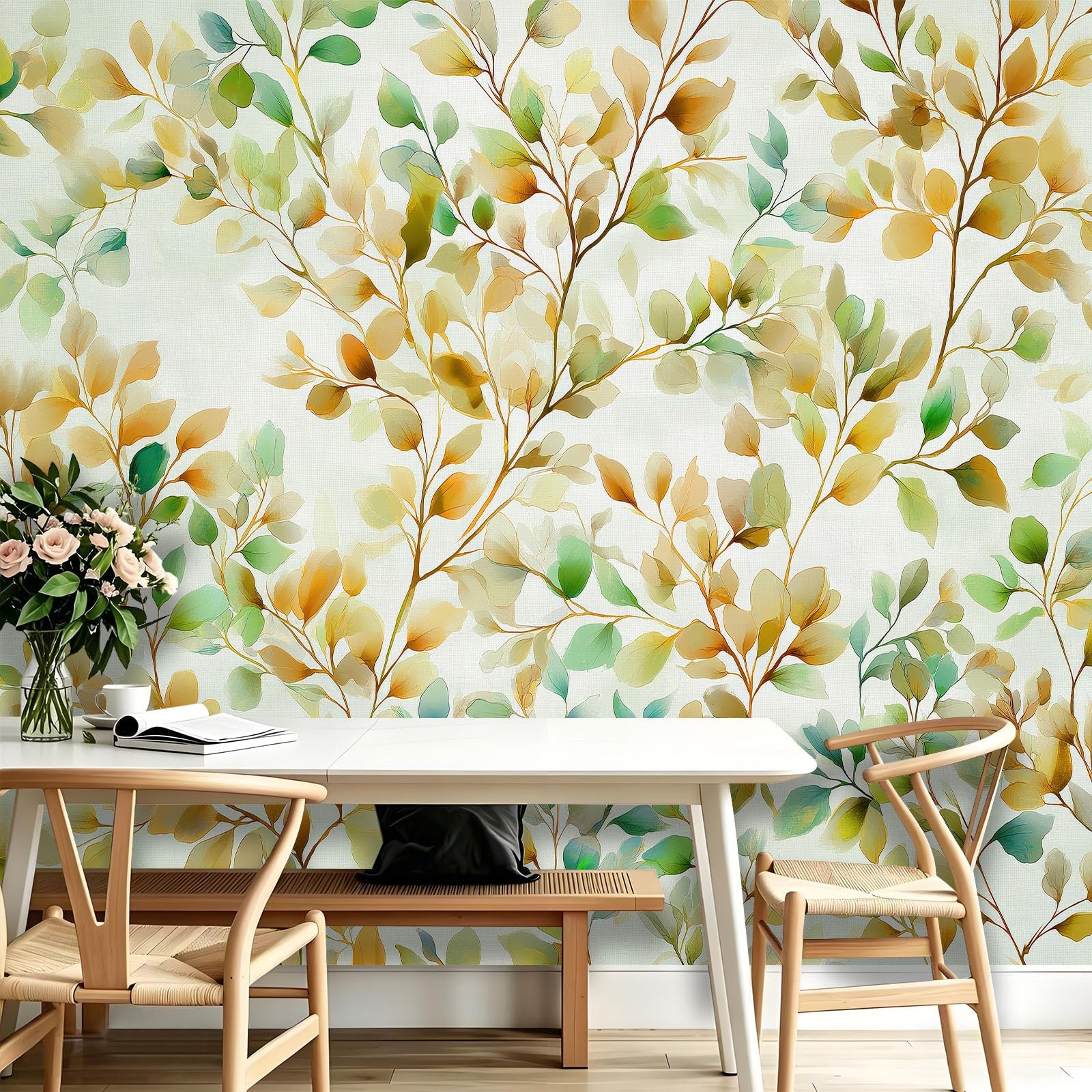 Fototapete 350 x 256 cm (B x H) Tapete Modern Aquarell Blätter Tapeten Vliestapete, Grün Wandtapete für Wohnzimmer Schlafzimmer Apartment Esszimmer Wanddeko Motivtapeten