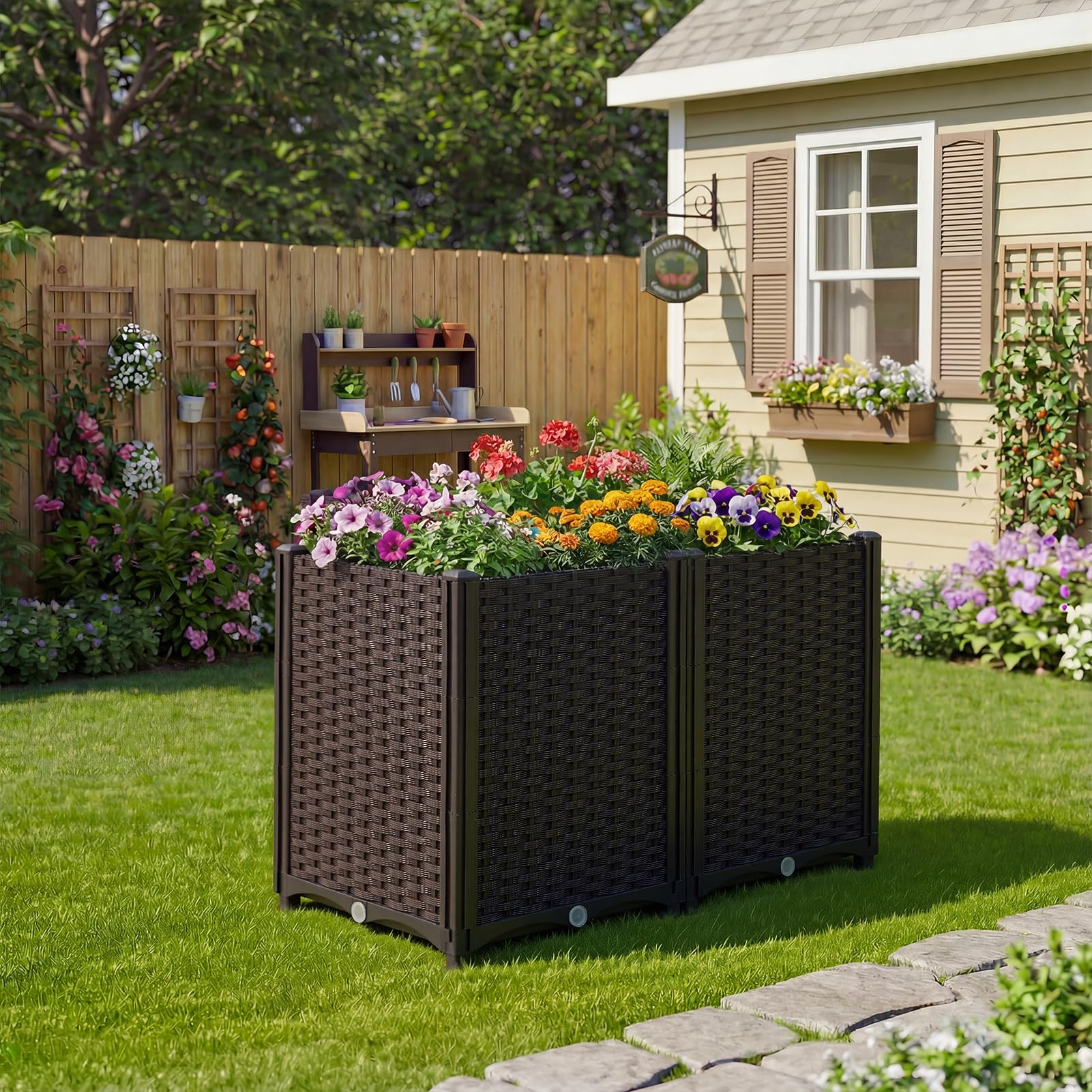 Warmiehomy Elevated Raised Garden Bed 135L, 80x40x52cm Plastic Raised Planter Bed with Drainage Holes, Outdoor Garden Planting Container for Backyard, Patio, Balcony, Brown