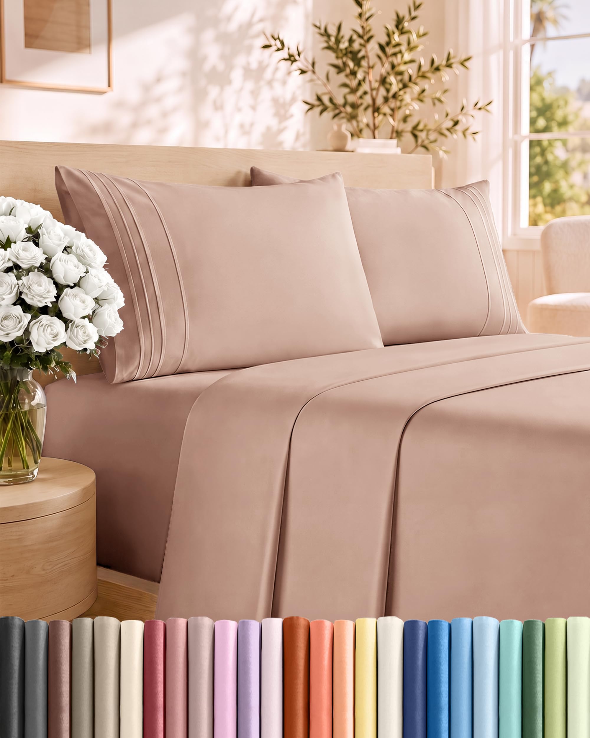 Queen Size 4 Piece Sheet Set - Comfy Breathable &amp; Cooling Sheets - Mauve