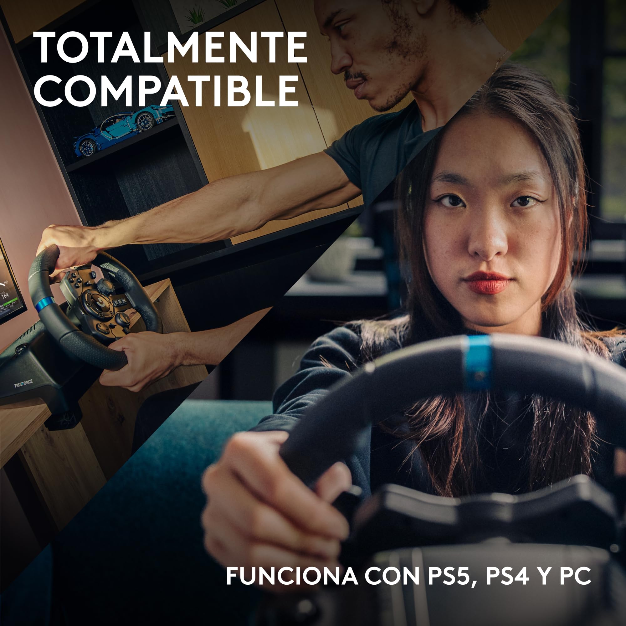 Logitech G G923 Racing Wheel and Pedals, Force Feedback TRUEFORCE,1.000 Hz, respuesta eficaz, control de salida de doble embrague, volante auténtico, para PS5, PS4, PC, Mac - Negro
