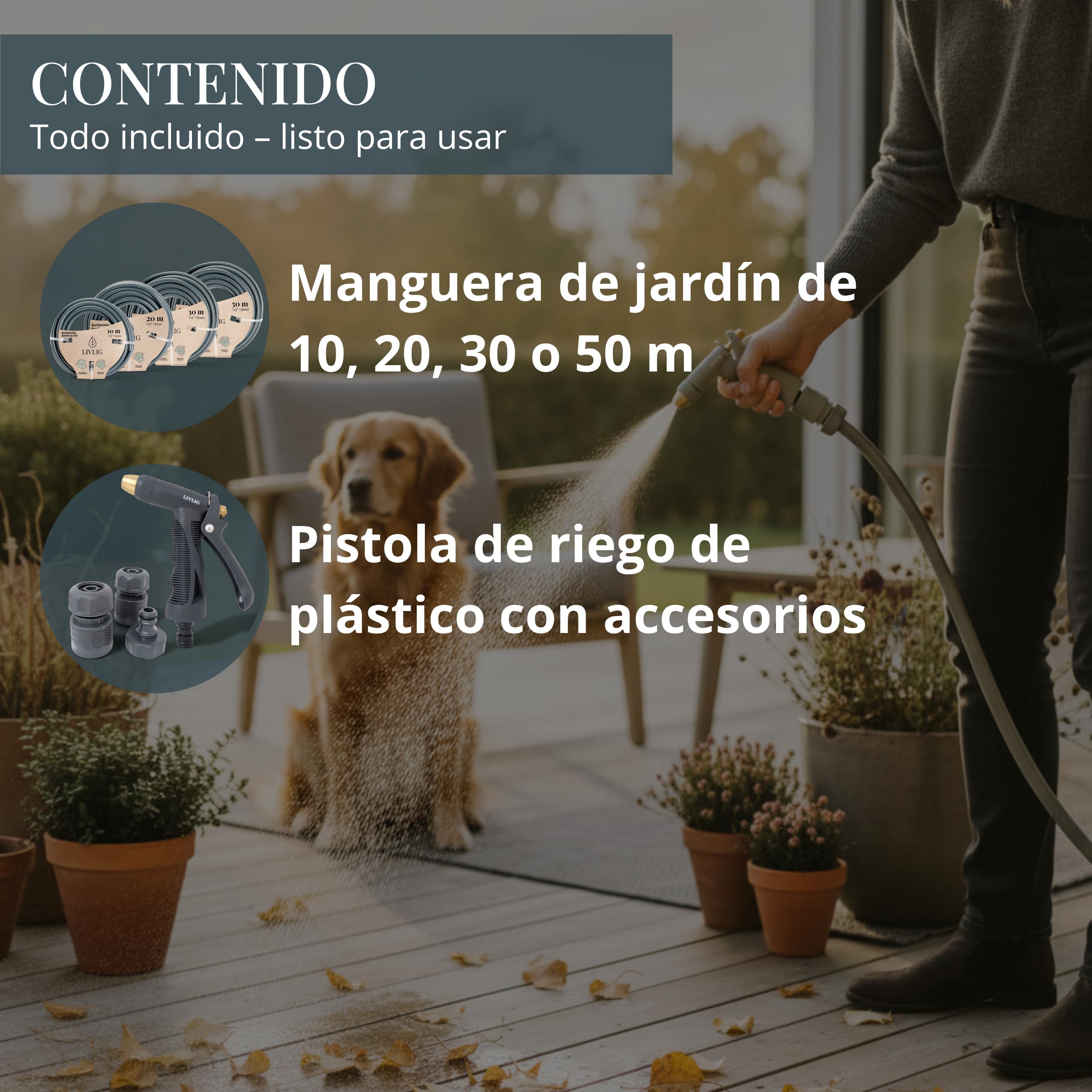 LIVLIG Set manguera 30 m 1/2" – tubo resistente a UV y anti‑torsión con pistola y conectores (G3/4, stop 1/2, rápido) – Antracita