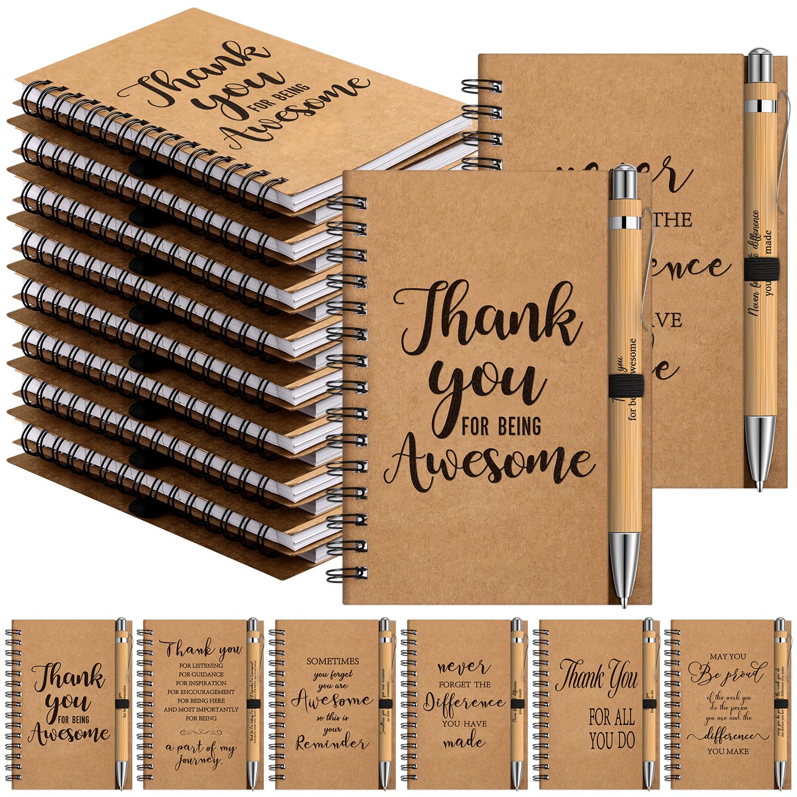 Tenceur Employee Appreciation Gifts, Coworker Motivational Notebooks Inspirational Kraft Spiral Journal Notepads with Bamboo Ballpoint Pens for School Office Teacher Men Women Thank Gifts (50 Pack)