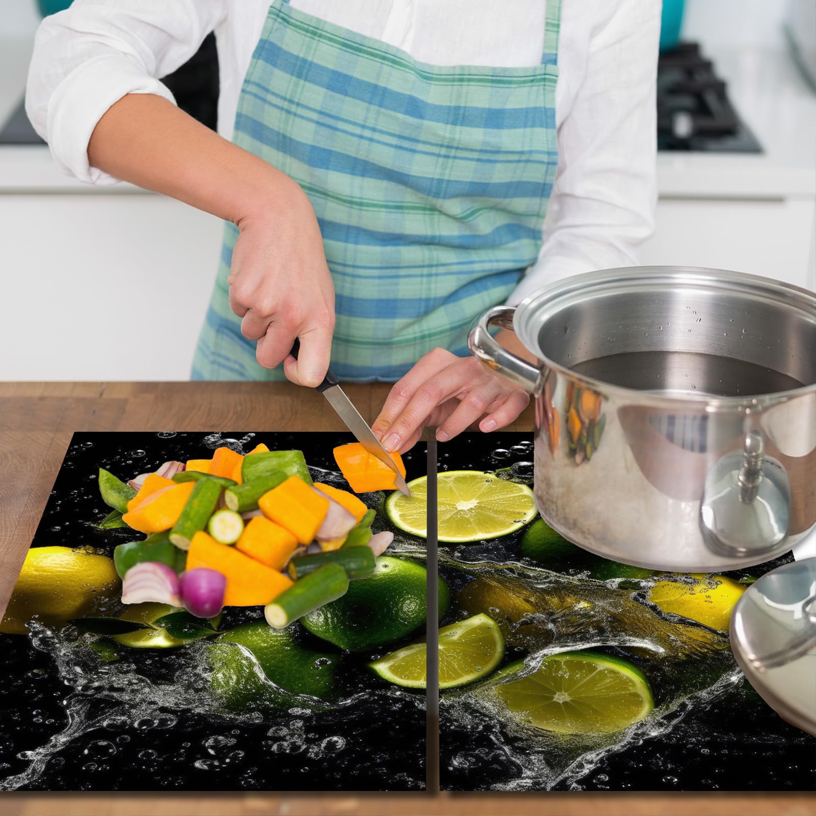Herdabdeckplatte 2×30×52 cm – Mehr Arbeitsfläche, Spritzschutz & Schneidebrett – ESG Glas, kratzfest – für Induktion/Ceranfeld – 2-teilig, Motiv Frucht Wasser Grün