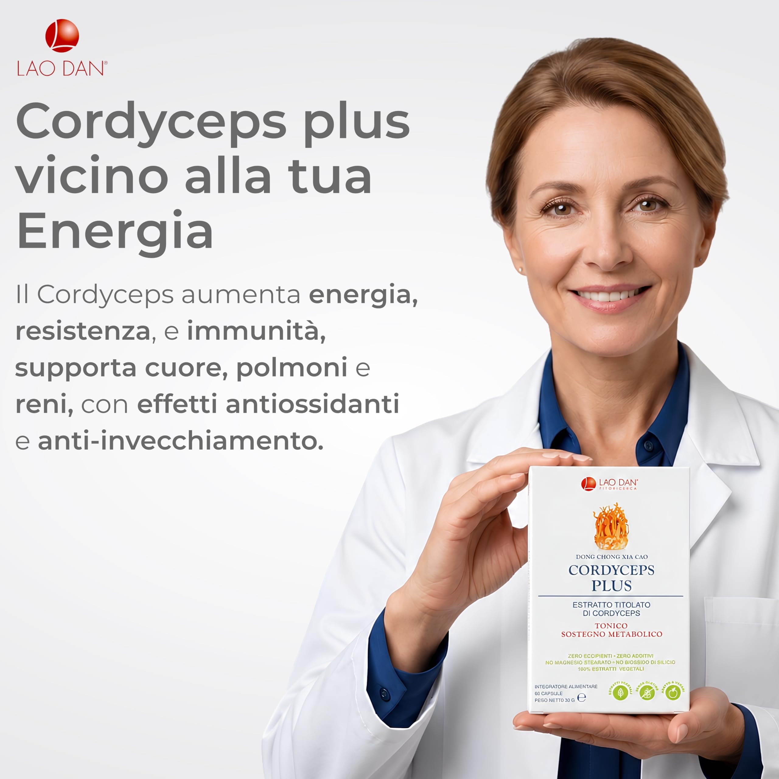Cordyceps Plus da Fitoricerca Lao Dan®, 60 Cps Cordyceps Sinensis, 12.000 mg (Estratto CS-4 30:1) titolato al 40% in polisaccaridi, Cordyceps Capsule Made in Italy