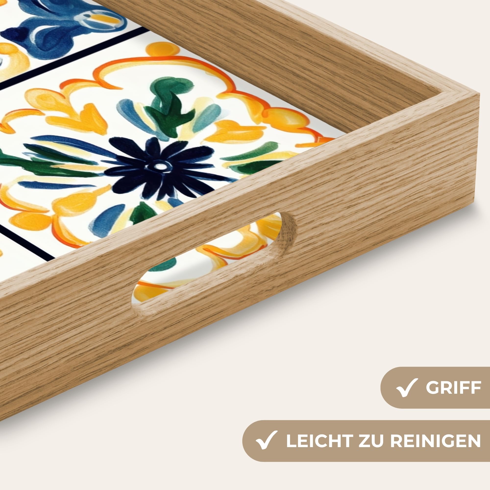 Serviertablett Rechteckig 50x35 cm Servierplatte Eiche Holz Tablett Mit Henkel Tray Kratzfest Kaffeetablett Tabletts Teetablett Spanisch - Kacheln - Keramik - Blumen