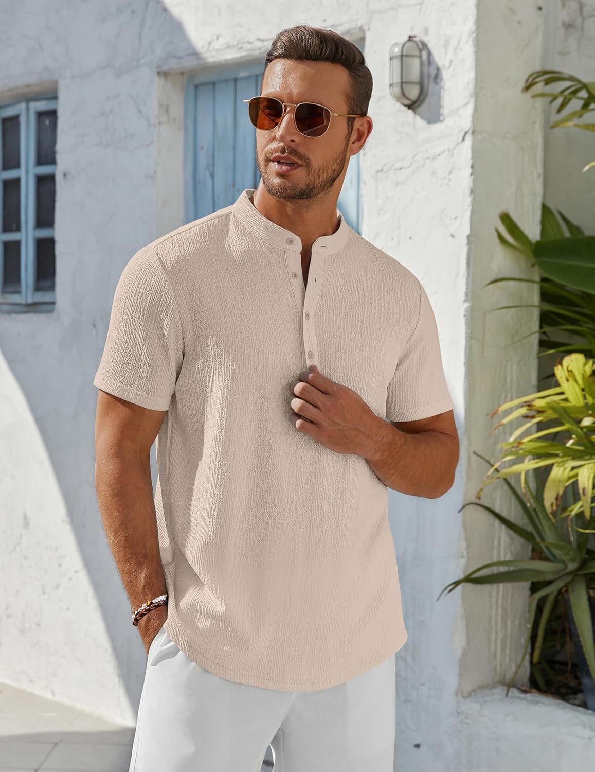 COOFANDY Men's Henley Shirt Short Sleeve Stand Collar Summer Casual Beach Hippie T-Shirts - Image 4