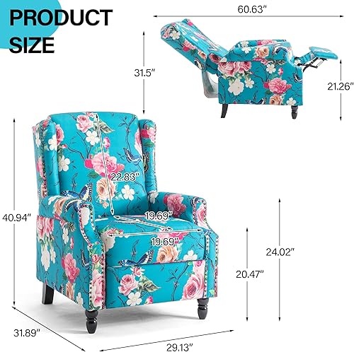 Miniatura 2 de Silla reclinable tapizada, sillón de ala floral con respaldo y reposapiés ajustables, cómoda silla decorativa para leer, sofá individual para