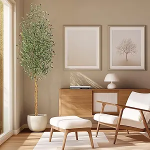 GarveeHome Faux Olive Tree 7ft,Tall Artificial Tree Indoor with 2 Natural Wood Trunks, Fake Plants Potted in White Planter, Floor Plants for Living Room House Decor,1PCS