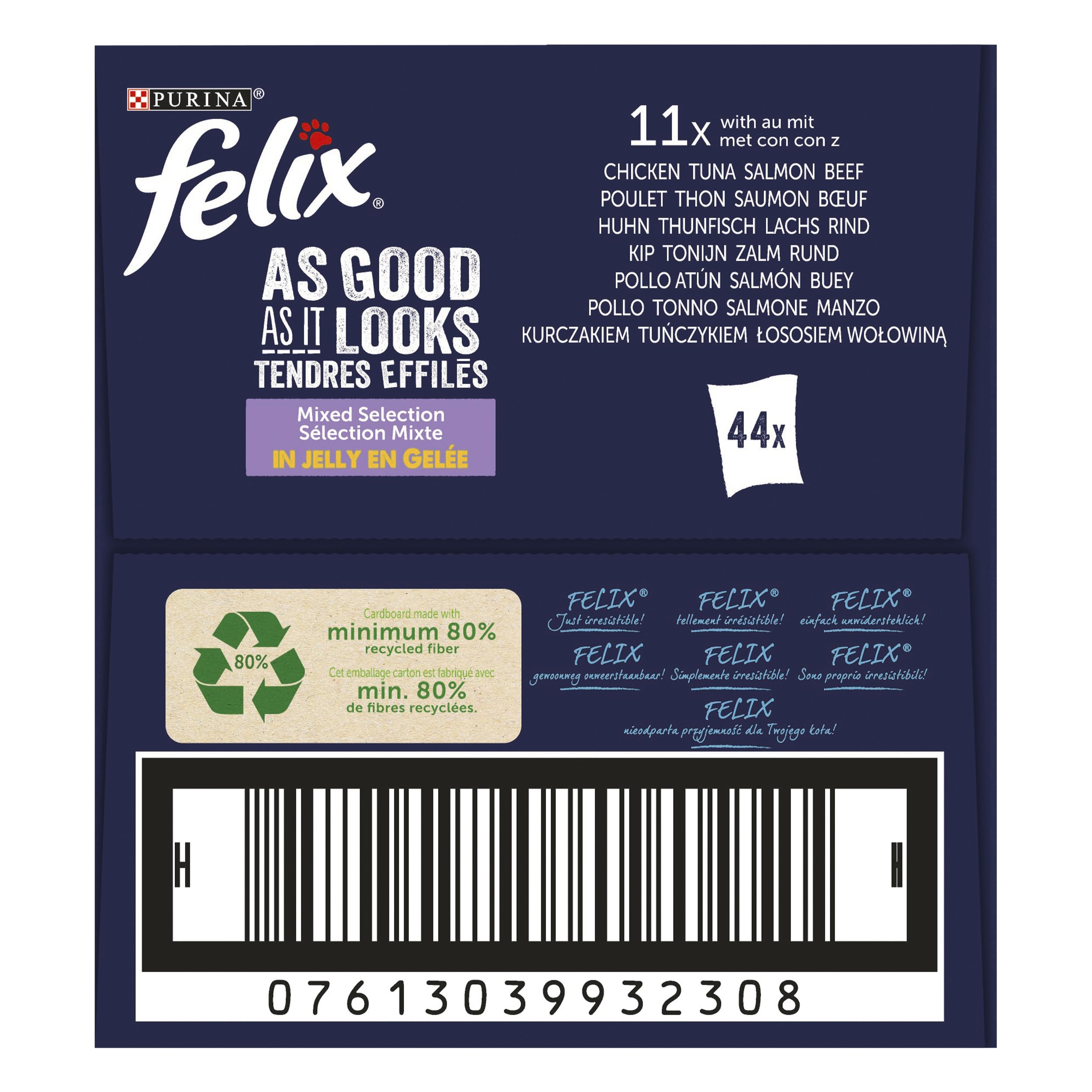 FELIX Comida Húmeda para Gato Adulto, Gelatina, Surtido Buey Pollo Salmón Atún, Pack 44 Sobres 85 g