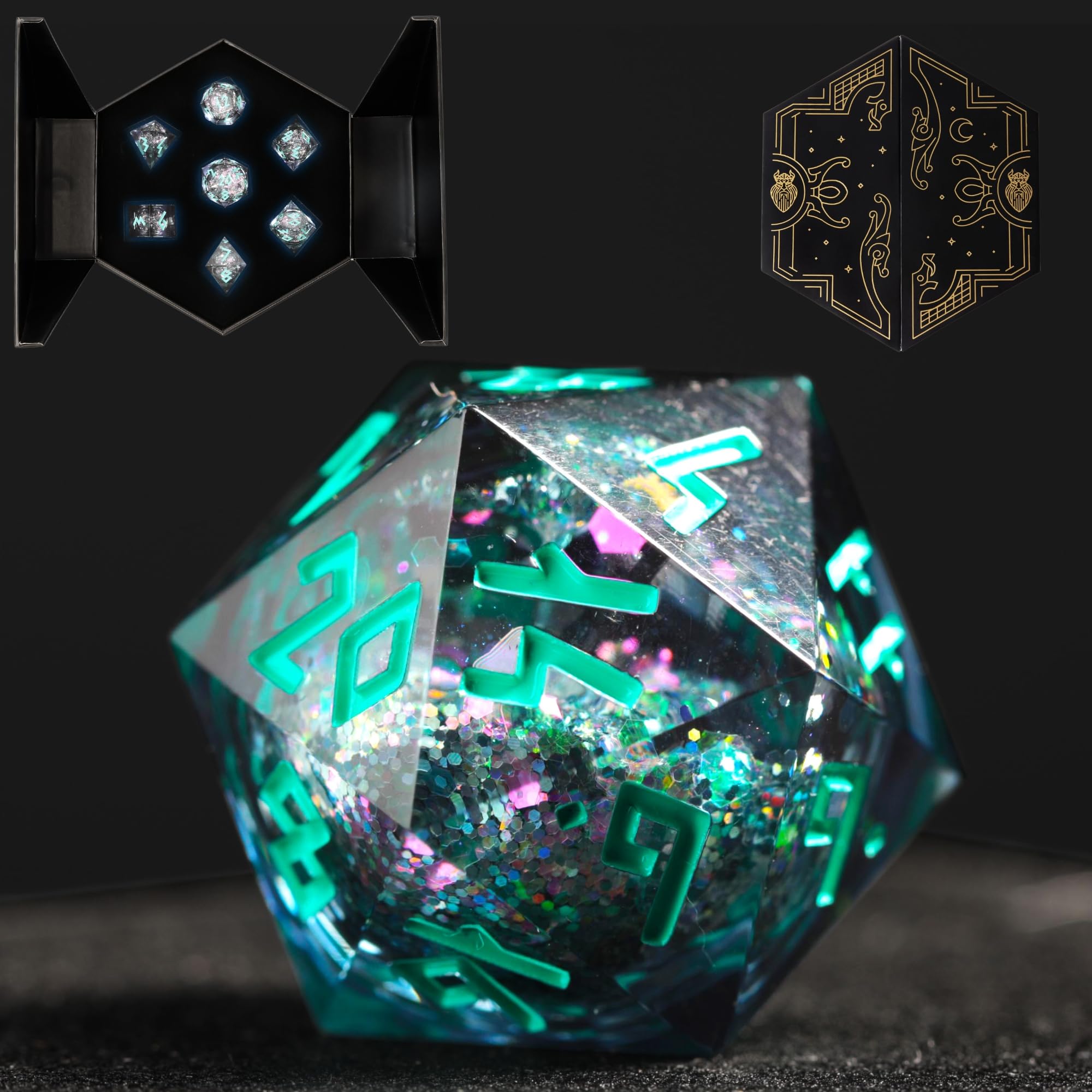 HEIMDALLR Liquid Core Dice Set with First Ever LED Display Case - 7-PC Hand-Painted Sharp Edge DND Dice Set with Gift Dice Box - Resin Dungeons and