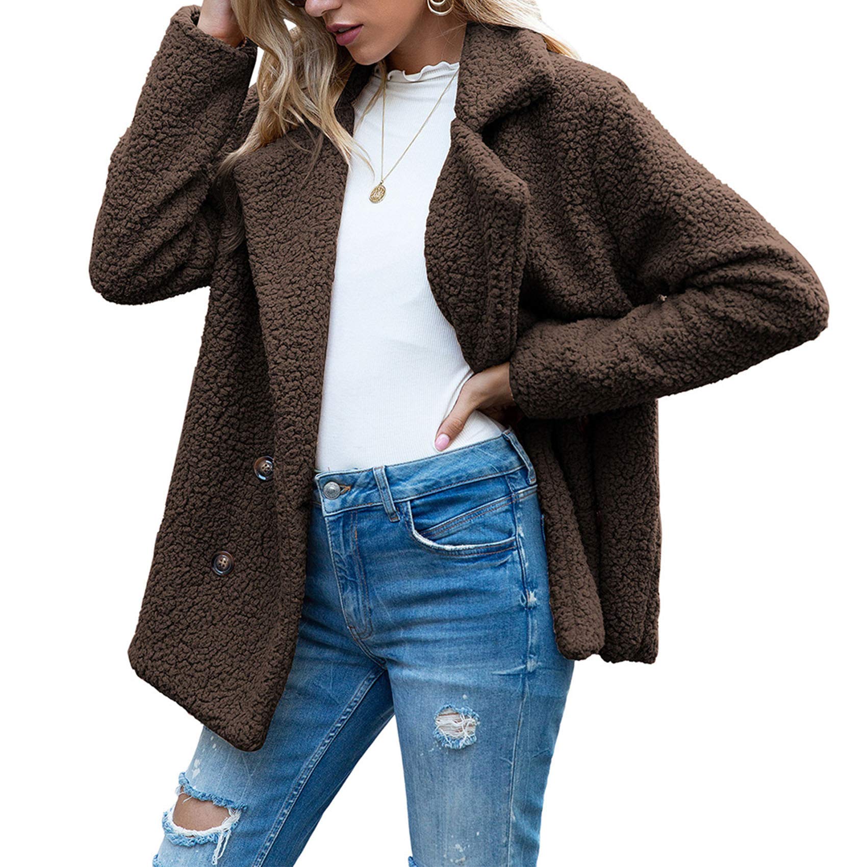Boutons d'automne Et d'hiver, Revers, Cardigan en Molleton Ample, Manteau De Laine GâTeau De Mouton Femmes, Vestes, Hauts