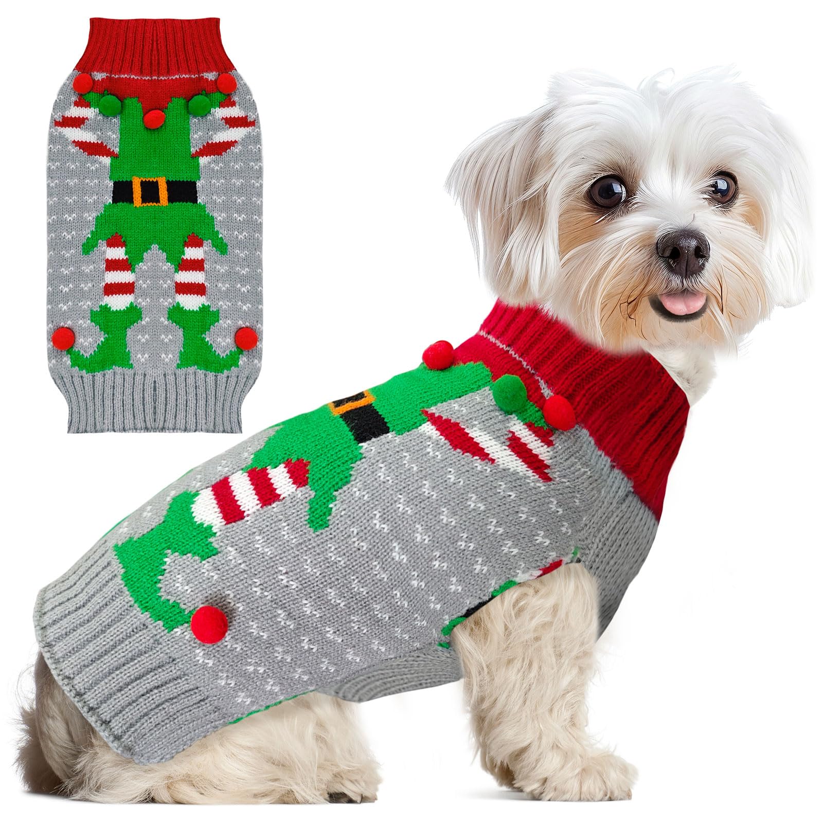 ABRRLO Dog Christmas Sweater Cute Grey Elf Clown Xmas Dog Cat Outfit New Year Holiday Costumes Puppy Cat Sweater with Leash Hole for Small Medium