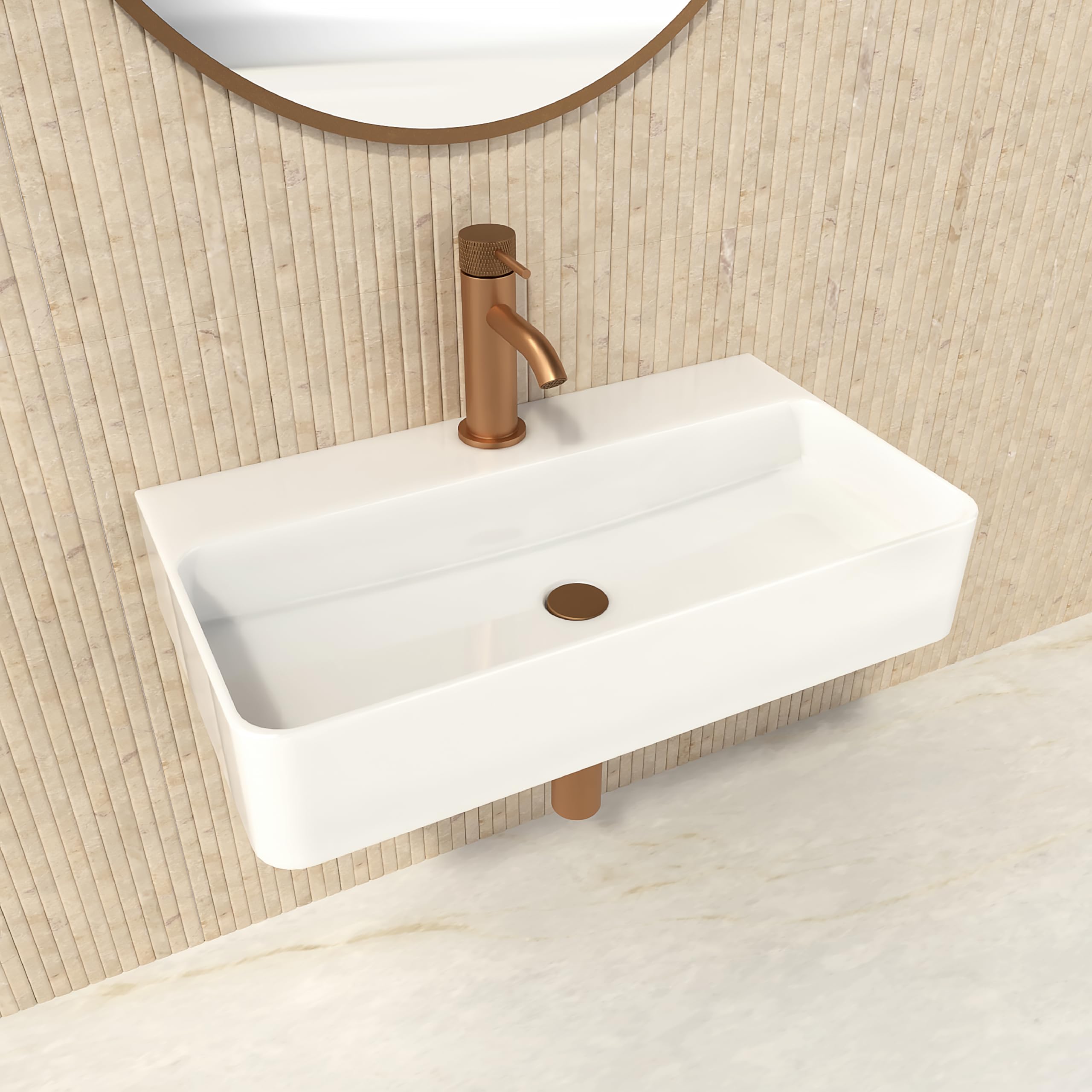 HOGART lavabo pequeño baño 45x28cm con seno a la derecha, lavabo de cerámica blanco rectangular, lavabo suspendido pared o sobre encimera, con orificio para grifo, sin rebosadero, ideal aseo invitados — view 11