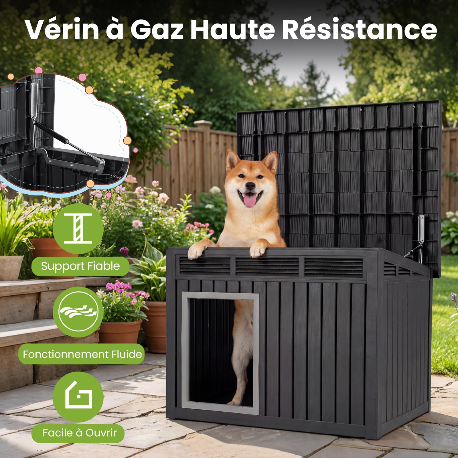 COSTWAY Chenil pour Chien Exterieur Interieur, PP, Toit Incliné Relevable, Fenêtres à Persiennes Ventilées, 81 x 64 x 61 cm