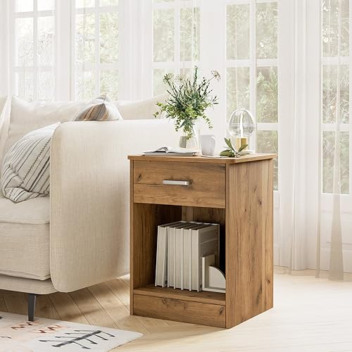 Miniatura 3 de FOTOSOK Juego de 2 mesitas de noche, mesa auxiliar de 2 niveles con cajón y estante de almacenamiento, mesa auxiliar de mesita de noche, mesita de