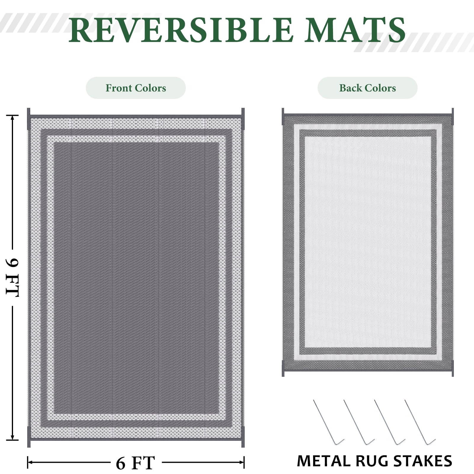 HappyTrends,Outdoor Rug,Patio Rug,Reversible Portable Plastic Straw Rug,Camping Rugs for Outside RV,Large Waterproof Area Rugs for Patio,Deck,Picnic,Porch,Balcony(6'x 9',White&Gray)