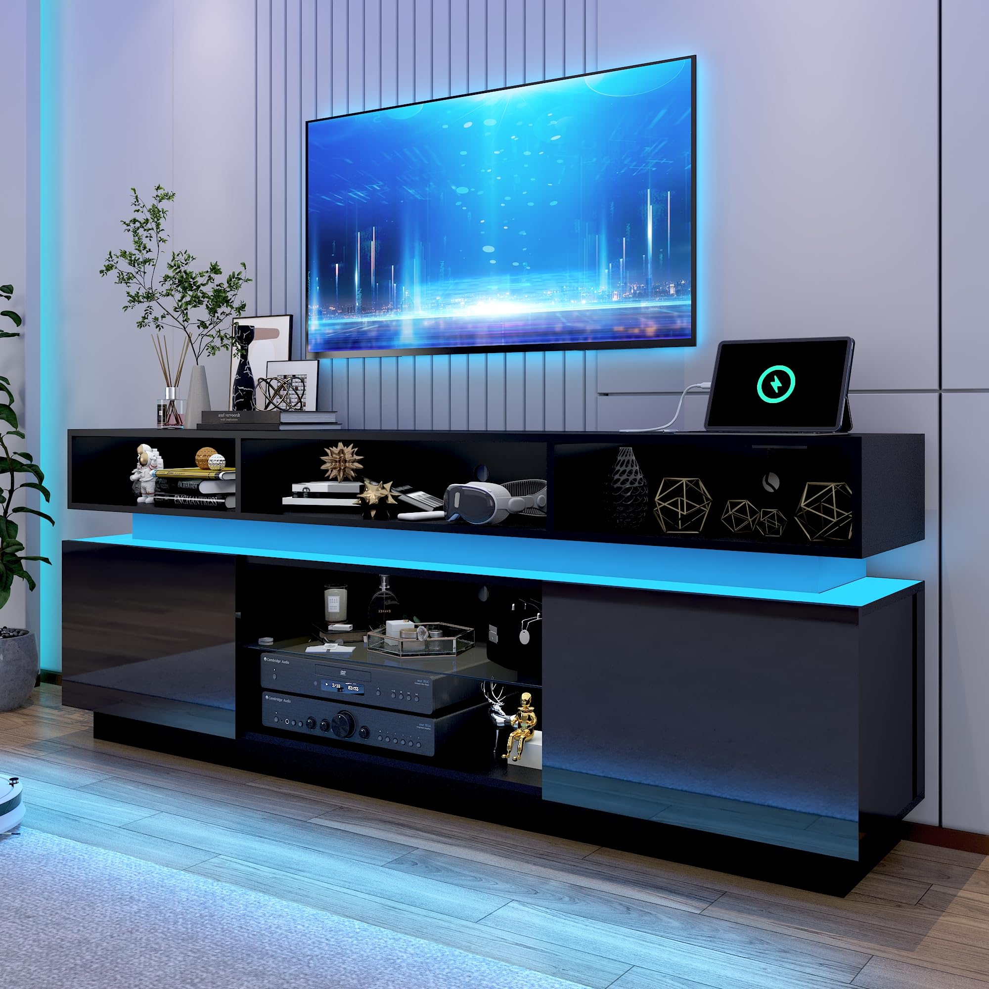 LED TV Stand for 80 Inch TV, Modern Tall Entertainment Center with Power Outlets, High Gloss TV Stand, Gaming TV Media Console with Glass Shelf for Living Room, 71 Inch, Black