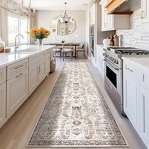 Madane Runner Rug 2x8, Washable Hallway Runner Rugs, Non-Slip Low-Pile Soft Kitchen Rug Runner Laundry Room Rug, Vintage Throw Entry Foyer Mat for Entrance Living Room (Brown/Gold, 2 x 8)
