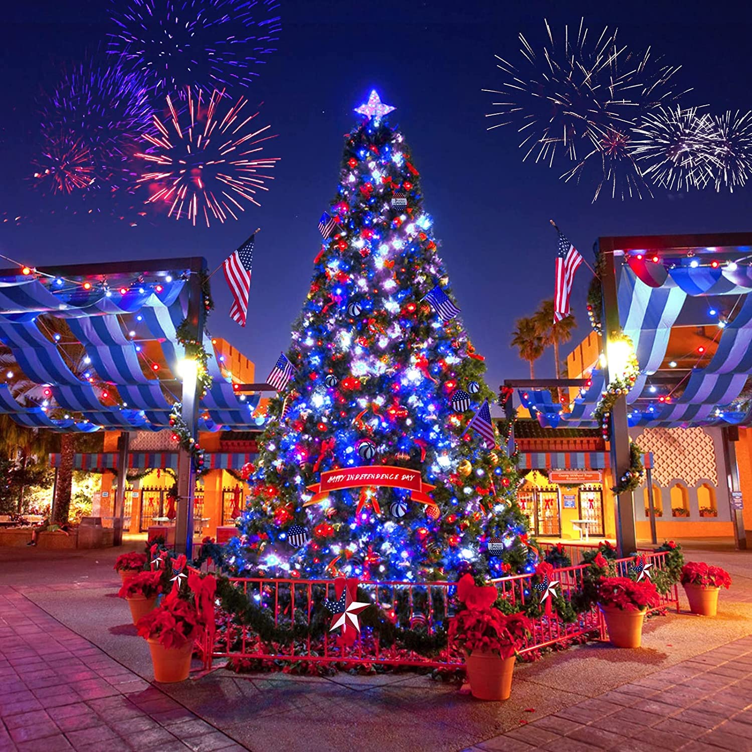 JMEXSUSS 600 LED 4th of July Decorations Solar Lights, 206.7ft Red White and Blue Lights Outdoor Waterproof, 8 Modes Patriotic Solar String Light for Independence Day Tree Camper Party Patio Decor