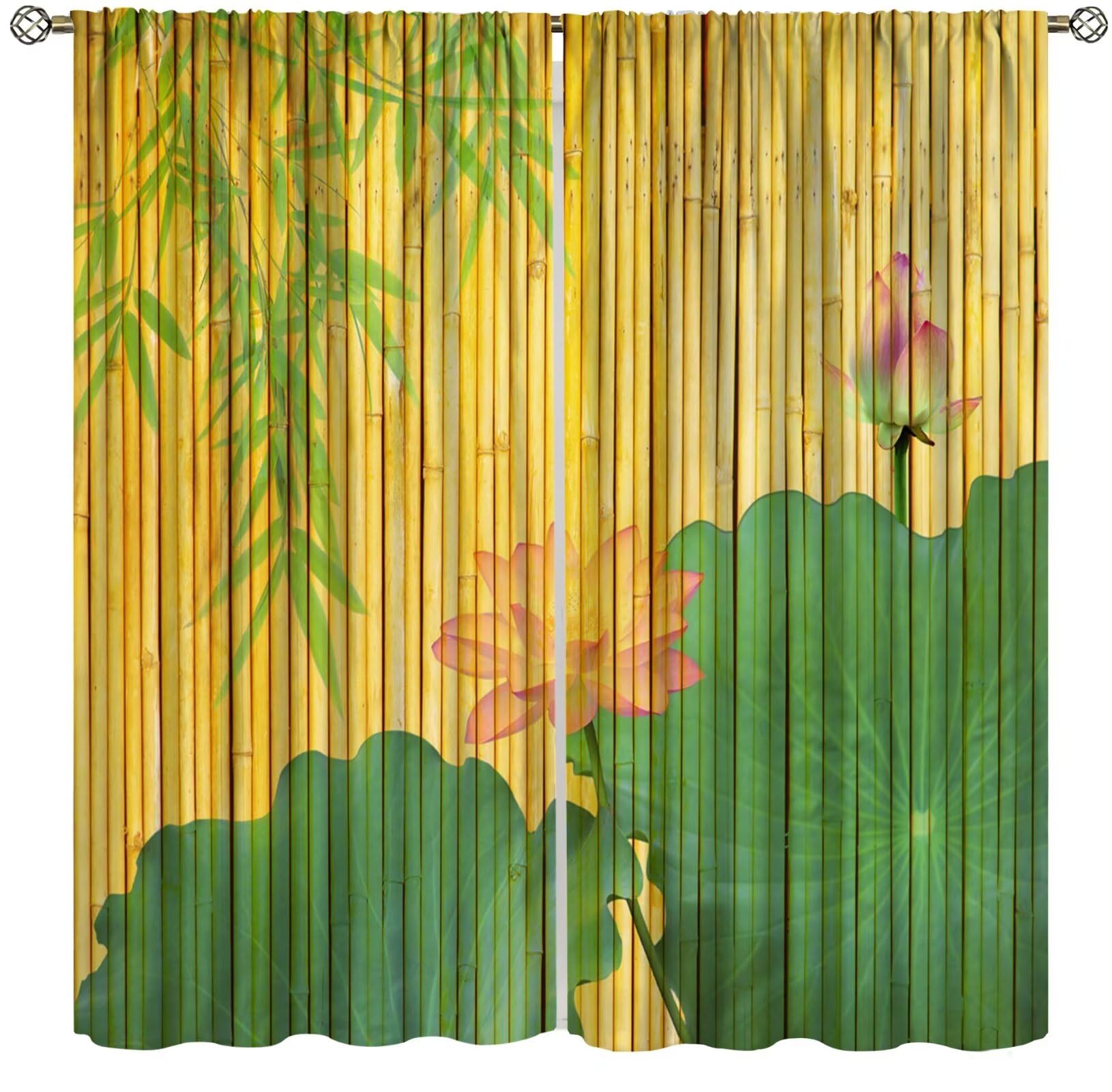 Focusbrite Bamboo Curtains, Asia Chinese Bamboo Stems and Lotus Silhouettes and Shadow Eastern Tropical Exotic Image, Living Room Bedroom Window