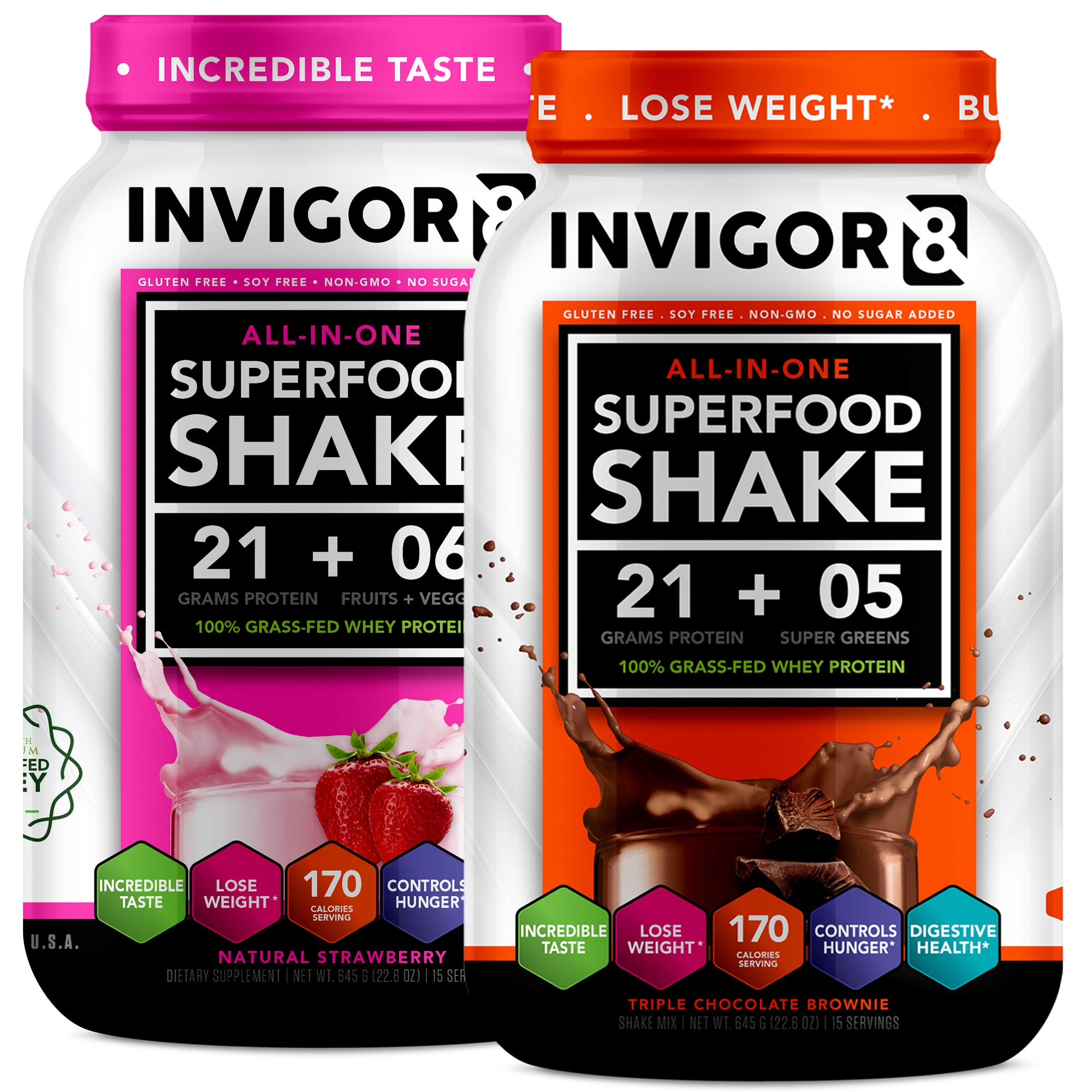 INVIGOR8 Superfood Shake (Choc and Strawberry Bundle) Gluten-Free Non GMO Meal Replacement Grass-Fed Whey Protein Shake with Probiotics and Omega 3 (1290g)