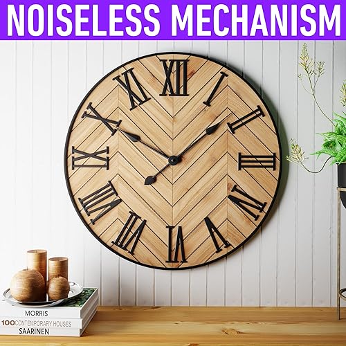Miniatura 3 de Reloj de pared grande redondo de 24 pulgadas, silencioso de metal y madera, reloj de pared grande para decoración de sala de estar con números