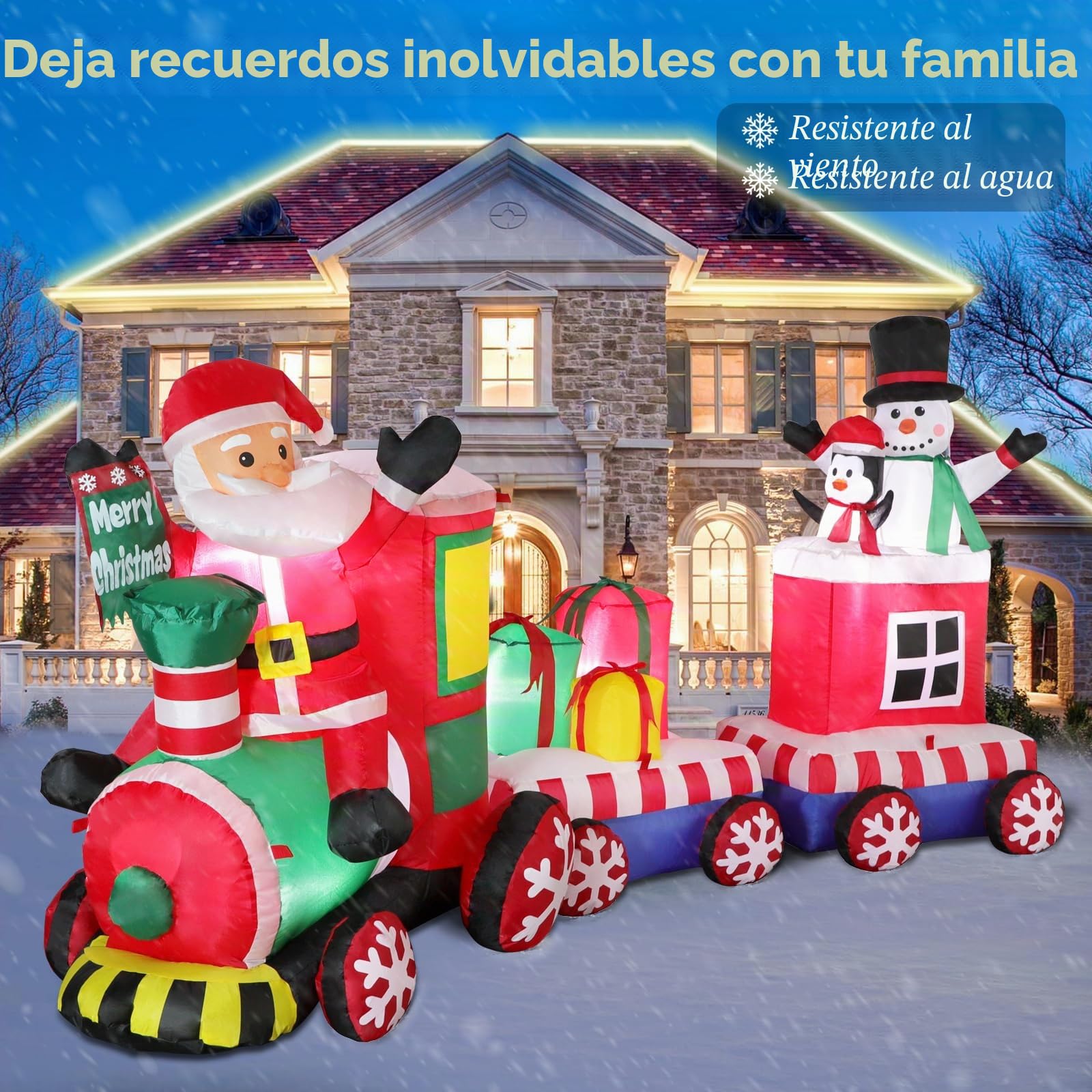 Omdekor 240CM Tren Inflable Navideño con Papá Noel Pingüino Muñeco de Nieve, Decoración Navideña Inflable, Luz LED Incorporada, Fiesta de Navidad, Festival, Jardín, Césped, Patio Decoración