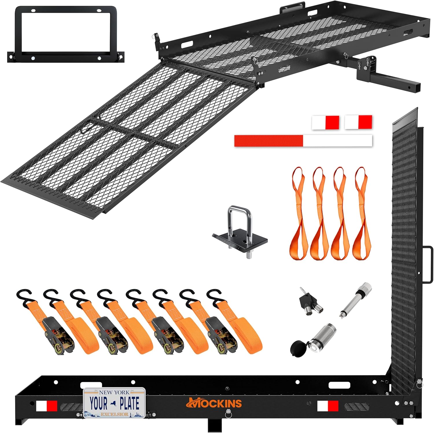Mockins XL 60"x30"x5" Folding Hitch Cargo Carrier with Ramp | Heavy Duty Trailer Hitch Basket Cargo Carrier with Portable Wheelchair Ramp | 500 Lbs. Cap Weatherproof Steel Scooter Rack & Accessories X Large - 60" x 30" x 5"