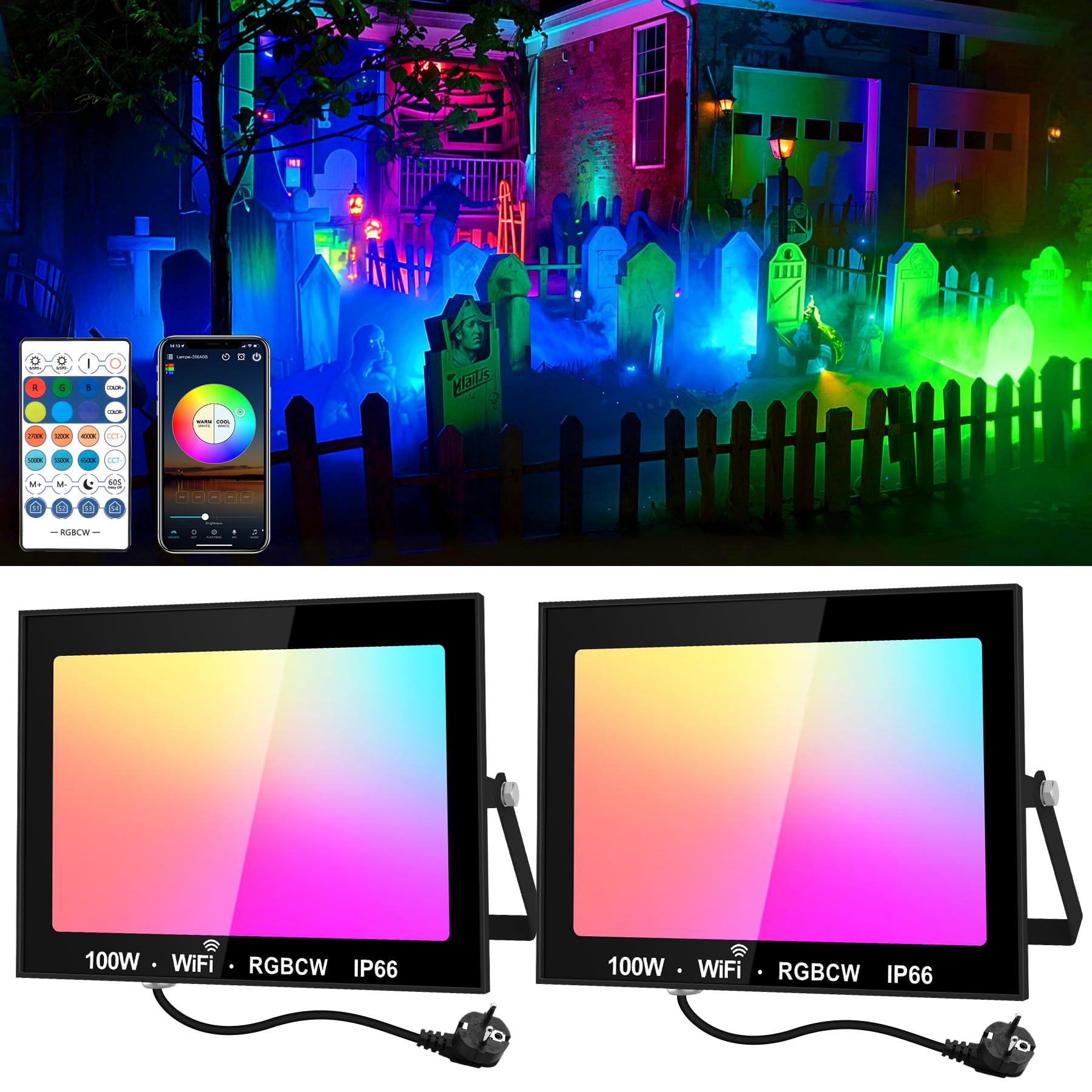 NATPOW 100W RGB Strahler Außen, Smart RGB Strahler mit Fernbedienung&Bluetooth App, LED Fluter Flutlichtstrahler Farbwechsel Scheinwerfer, IP66 Wasserdicht Flutlicht für Gärten, Innenhöfe(2 Stk)