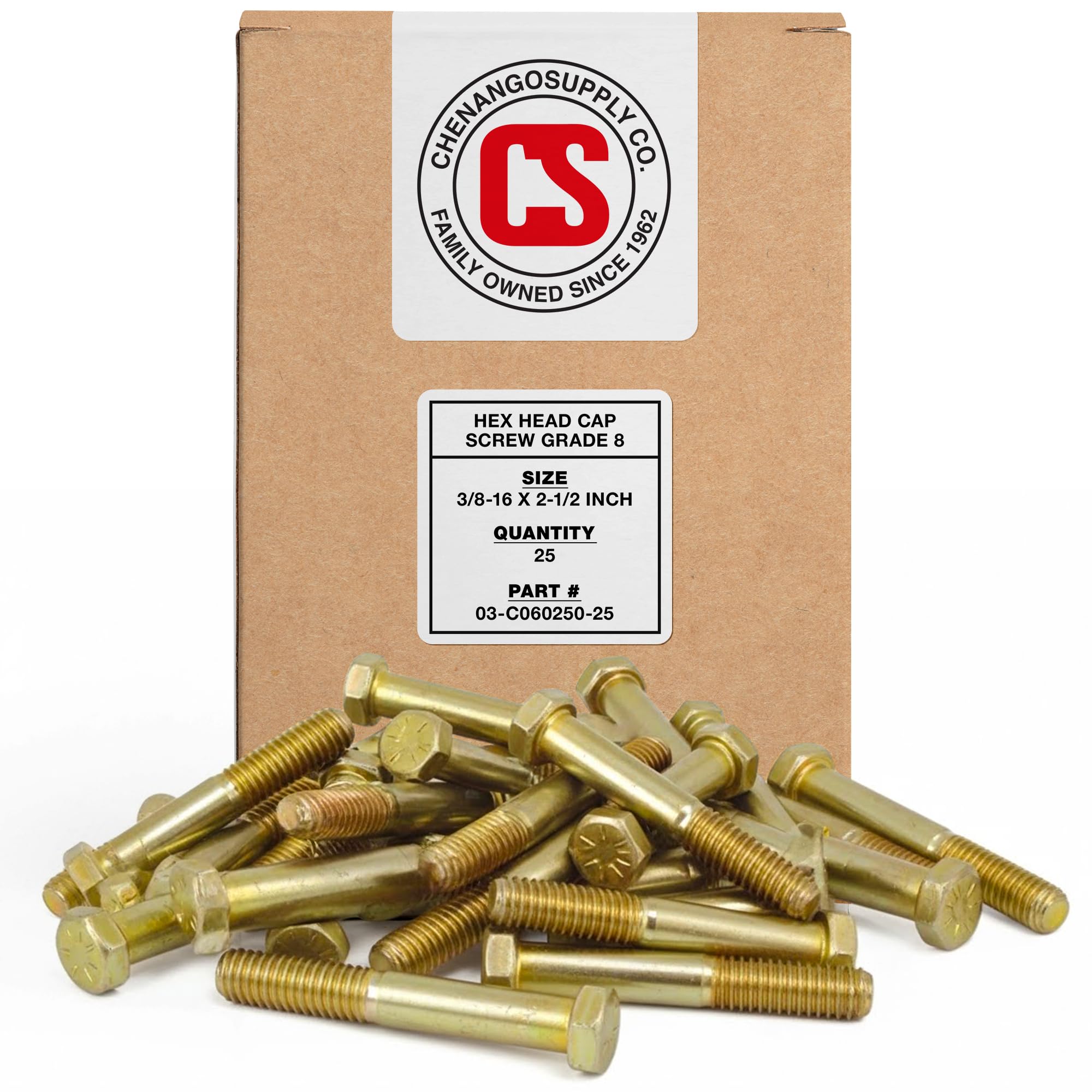 Chenango Supply 3/8-16 x 2-1/2" Grade 8 Hex Head Bolts – Alloy Steel, Yellow Chromate Zinc, High-Strength Hex Head Cap Screws, 25 Pieces (3/8-16x2-1/2