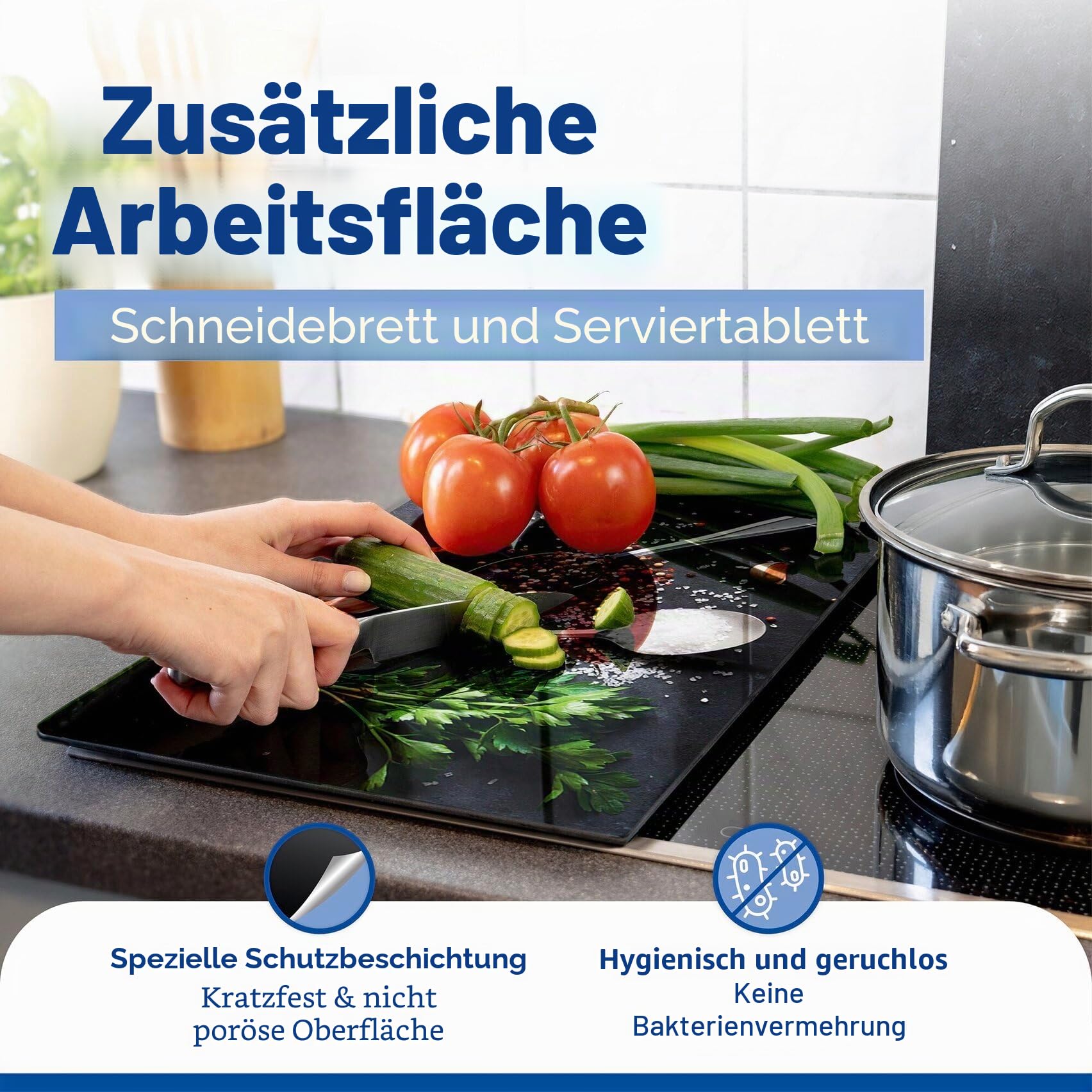 Allstar Herdabdeckplatte aus Glas, 2er Set, für Glaskeramik- und Induktionskochfelder, Herdabdeckung, Glasschneidebrett & Spritzschutz für die Küchenwand mit Motiv, 30 x 52 cm, Mod. Basilikum