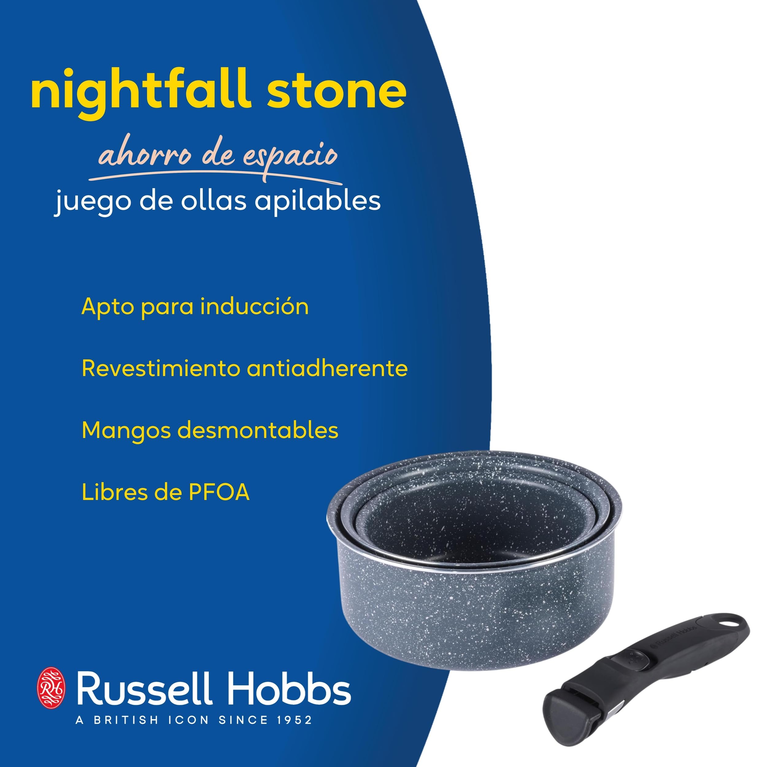 Russell Hobbs Juego de cacerolas de Smart Clip - 3 ollas antiadherentes con asa extraíble, para horno y placas de inducción, ahorro de espacio apilable, 16/18/20 cm, Nightfall Stone