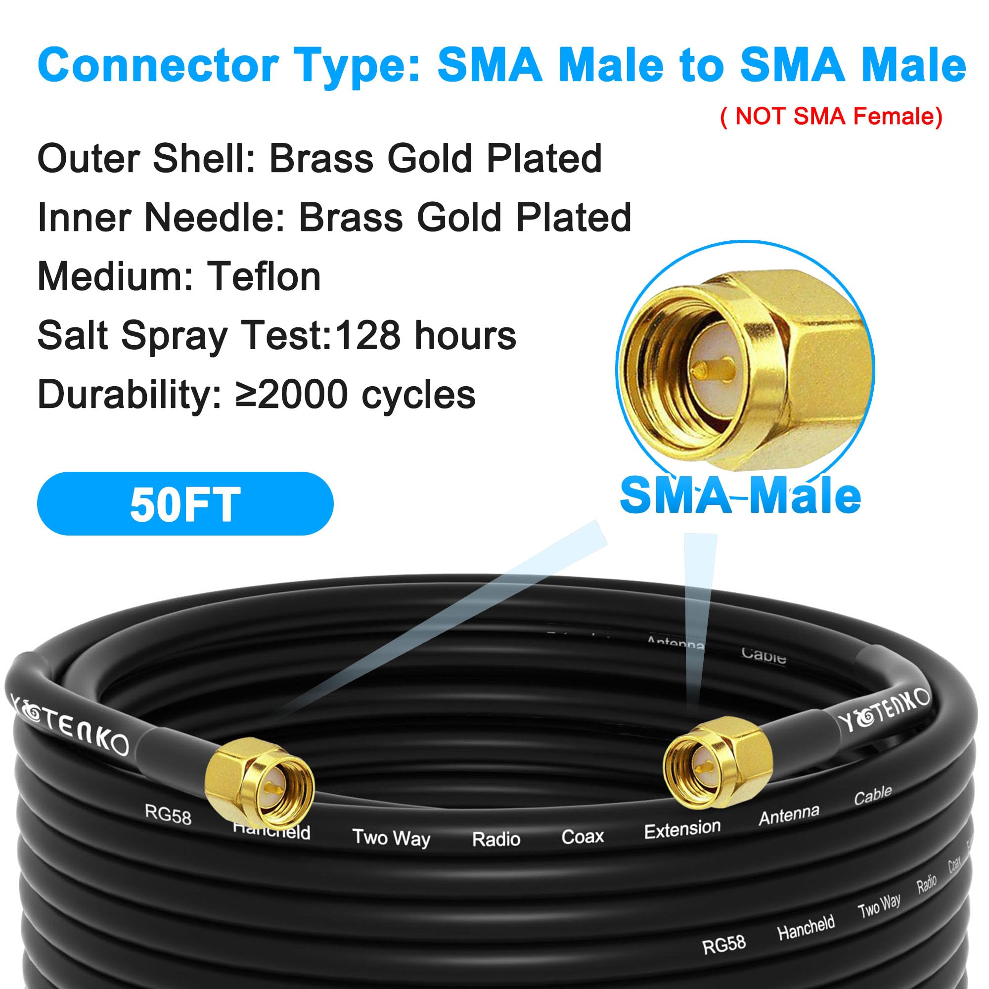 RG58 Koaxialkabel, Antennenverlängerung, 15 m, SMA-Stecker auf Stecker, 50 Ohm