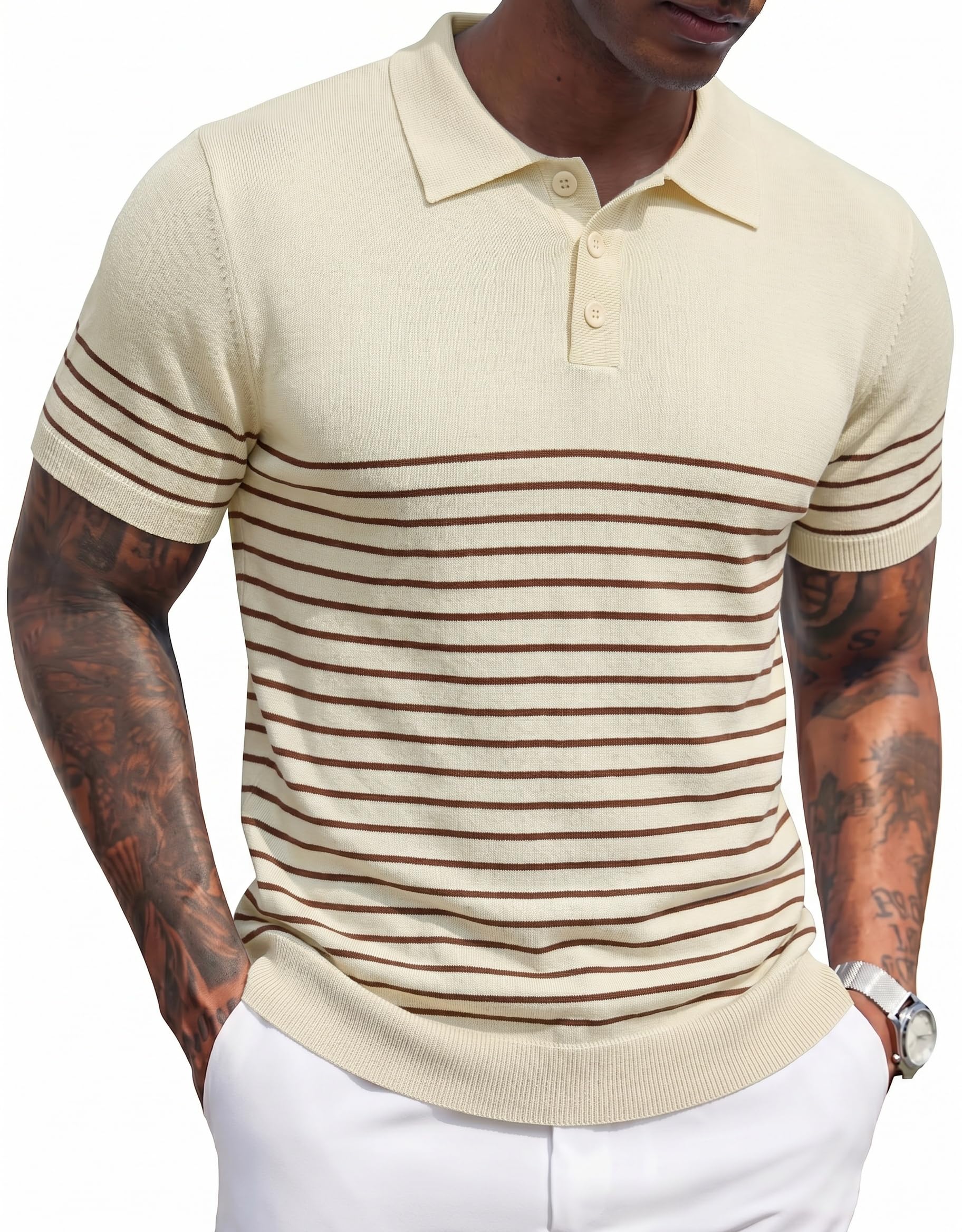 COOFANDY Polo Homme Rayures Tricot Manches Courtes Regular Fit Bureau Été Casual Travail Fête Élégant Polo Golf