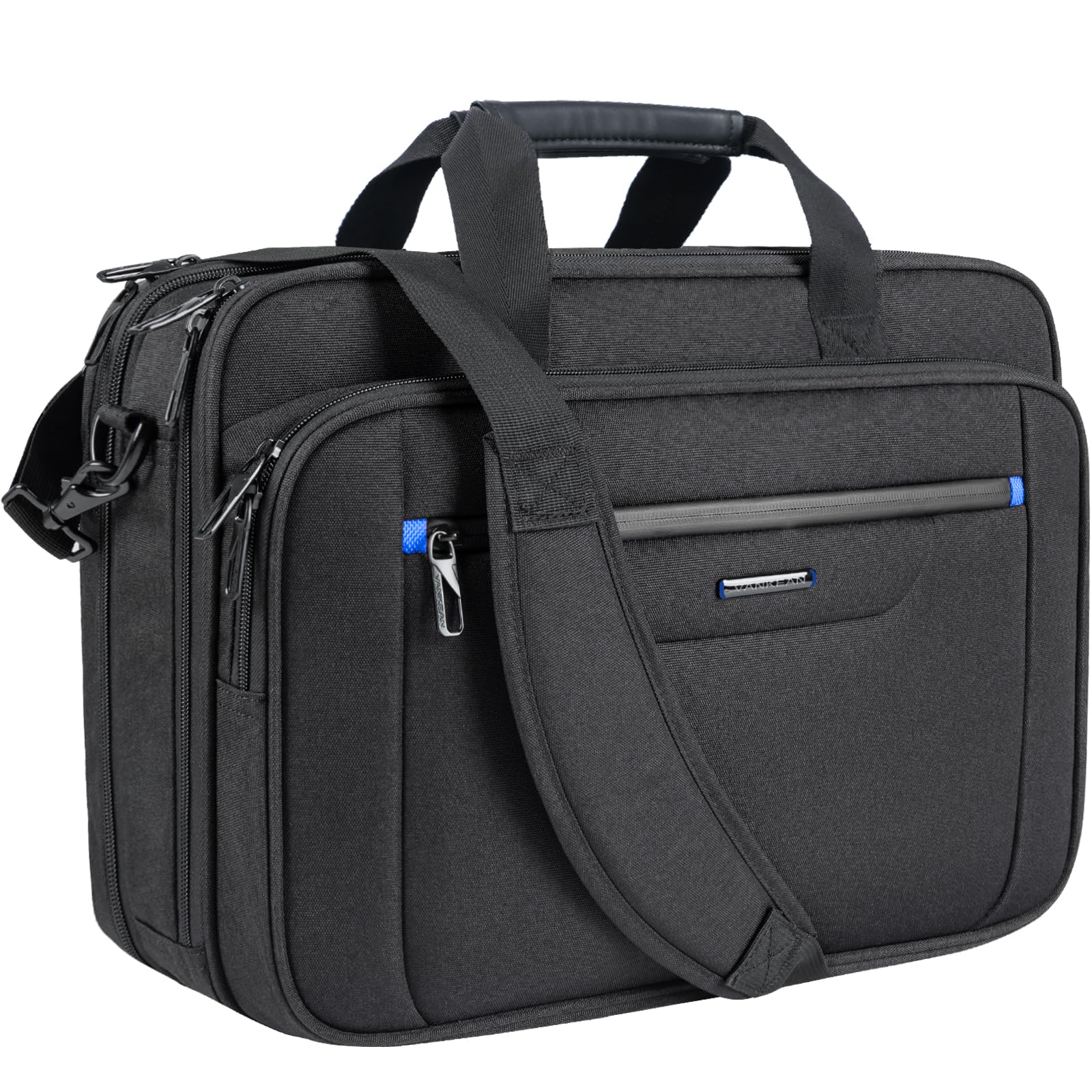 VANKEAN Borsa per laptop fino a 17,3 pollici, borsa a tracolla espandibile, impermeabile, per uomo/donna, borsa per computer per viaggio/affari/nero-blu