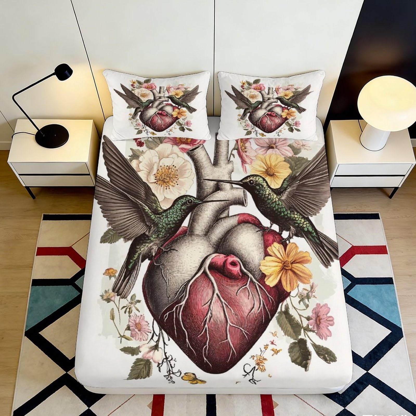 3D Printed Anatomical Heart Fitted Sheet Microfiber Artistic Hummingbird Floral Mattress Cover for Bedroom Decor 90x200x25cm