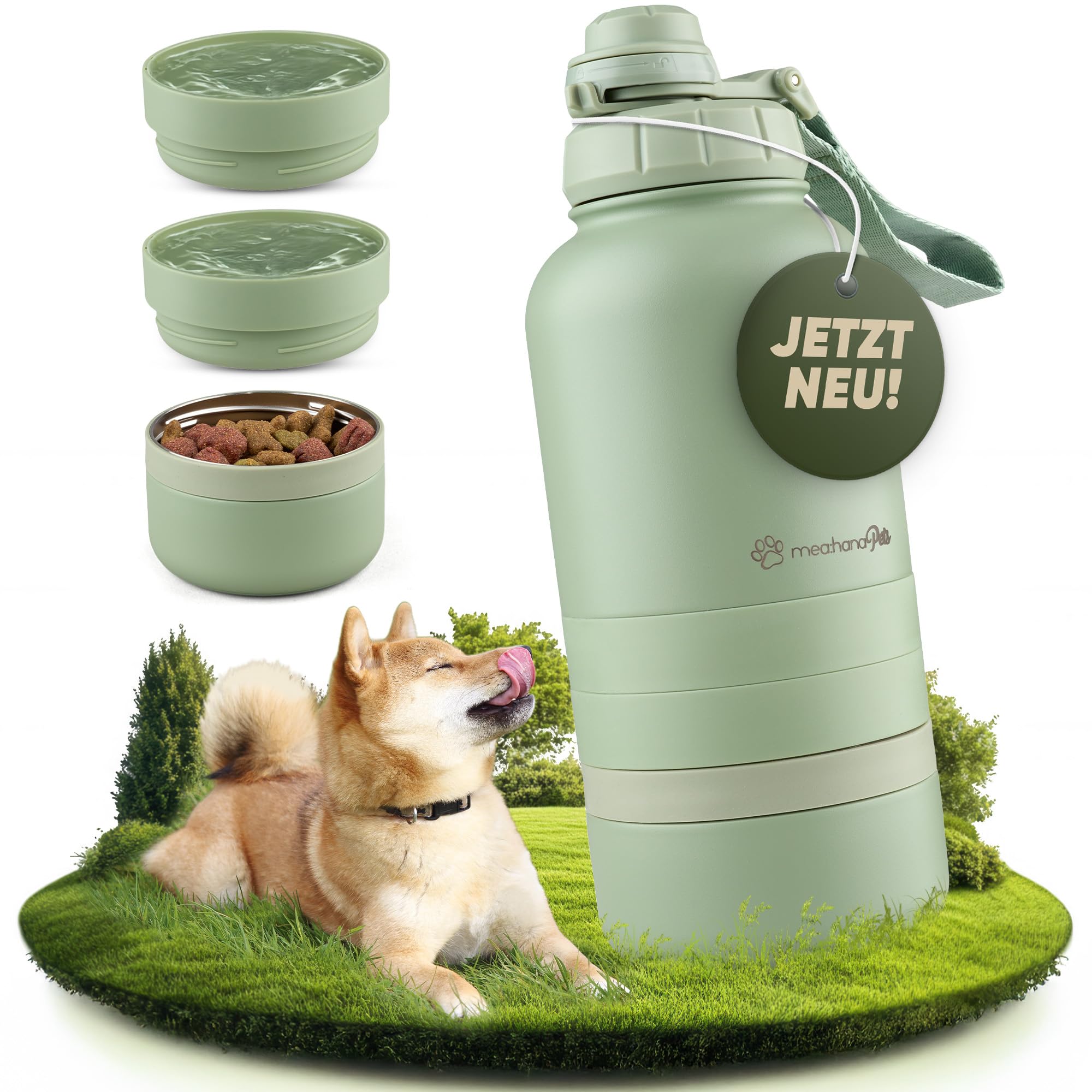 Pets Hundetrinkflasche für unterwegs 1l mit Näpfen -Ideal für Reisen,Outdoor- Isolierte Edelstahl Flasche mit Napf, Hundezubehör, Hundeflasche mit Futterbehälter - GRATIS Tragegriff