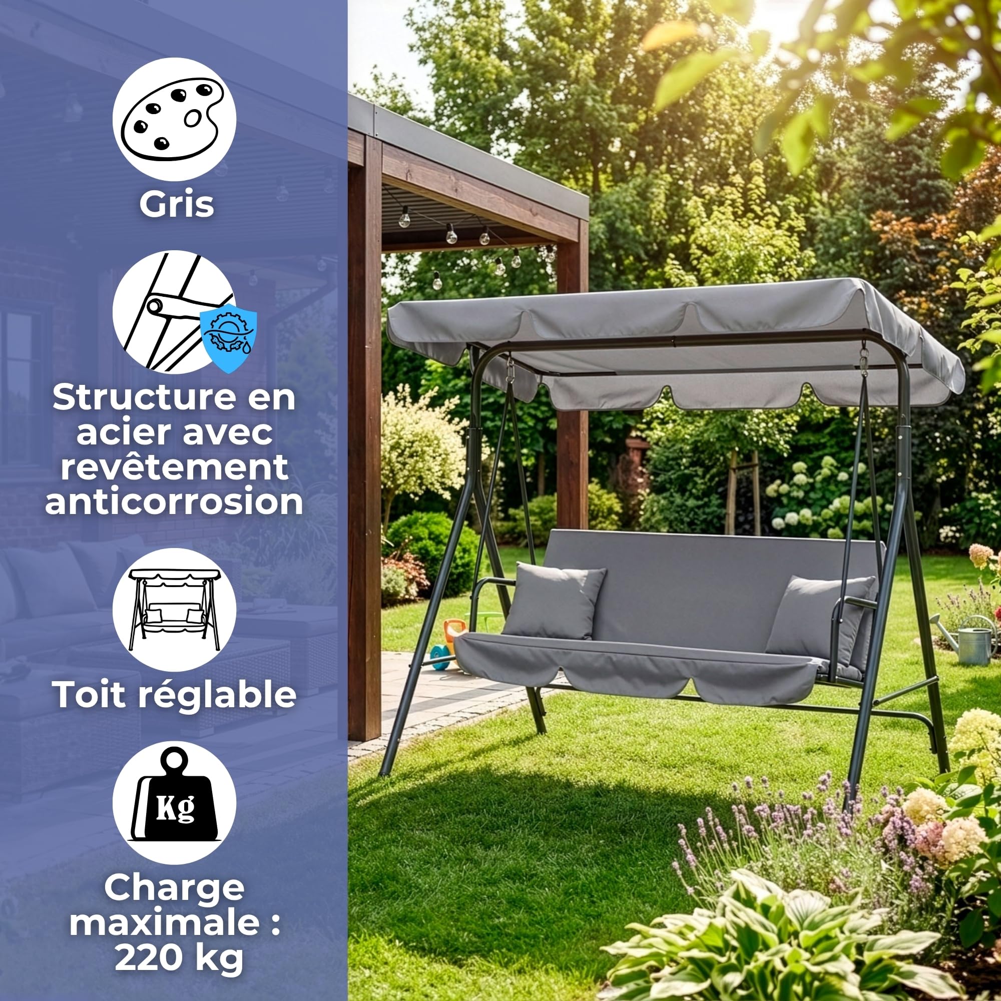 SPRINGOS Balancelle de jardin Luna avec toit, coussin, balancelle 3 personnes, H x L x P : 150 x 170 x 110 cm (gris)