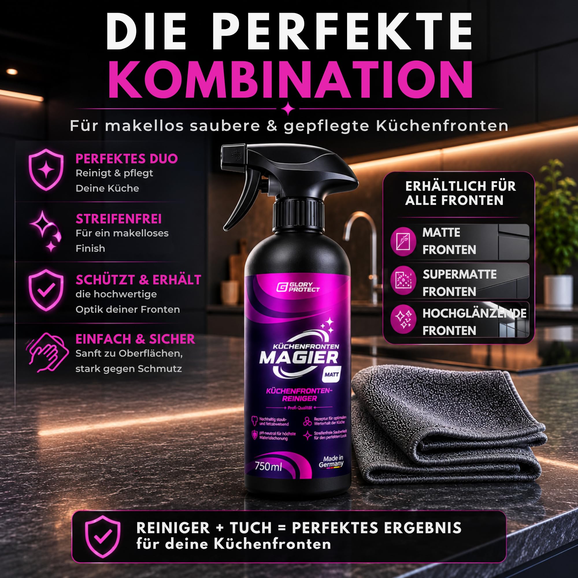 2er Set Premium-Mikrofasertücher Graphitgrau, Flip & Shine | 2 Profi-Tücher 30x30 cm mit Hochflor- & Polierseite | Ideal für Matte & hochglänzende Küchenoberflächen