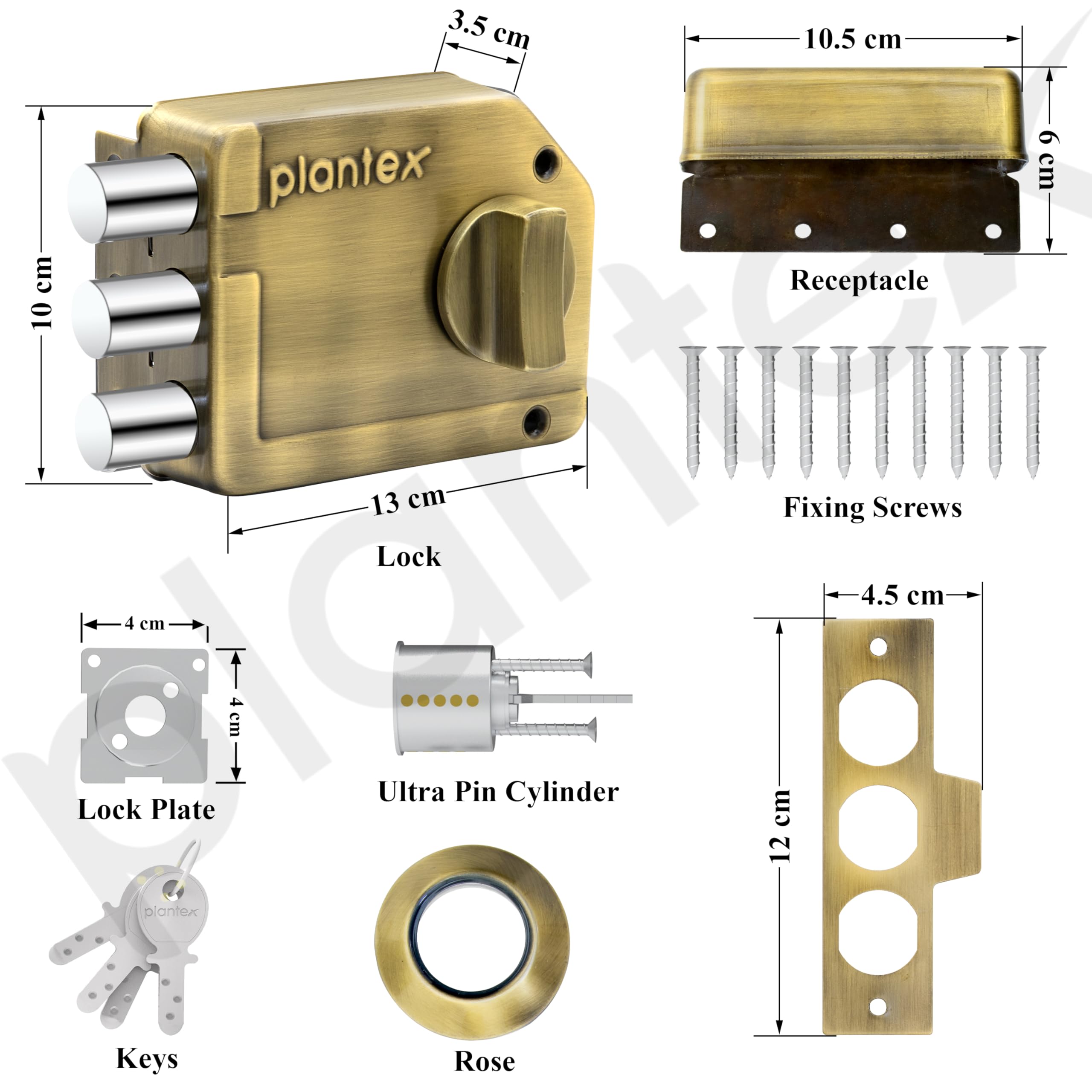 Plantex Tri-Bolt Lock for Main Door/Heavy Duty Door Lock with 4 Keys/Suitable on Single Door for Home/Office/Hotel - Pack of 1 (Brass Antique) — Amazon image 4