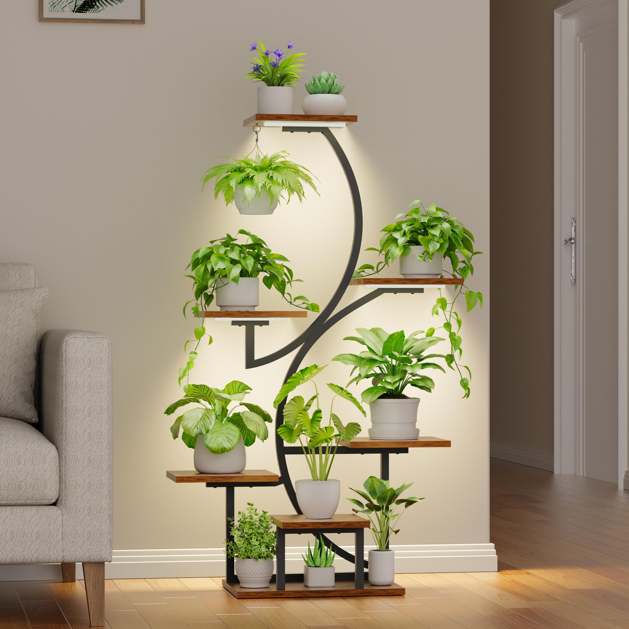 Soporte para plantas de interior con luces de crecimiento, estante para plantas de 7 niveles para interiores, soporte de esquina de 44 pulgadas para plantas de interior, estante alto de 4
