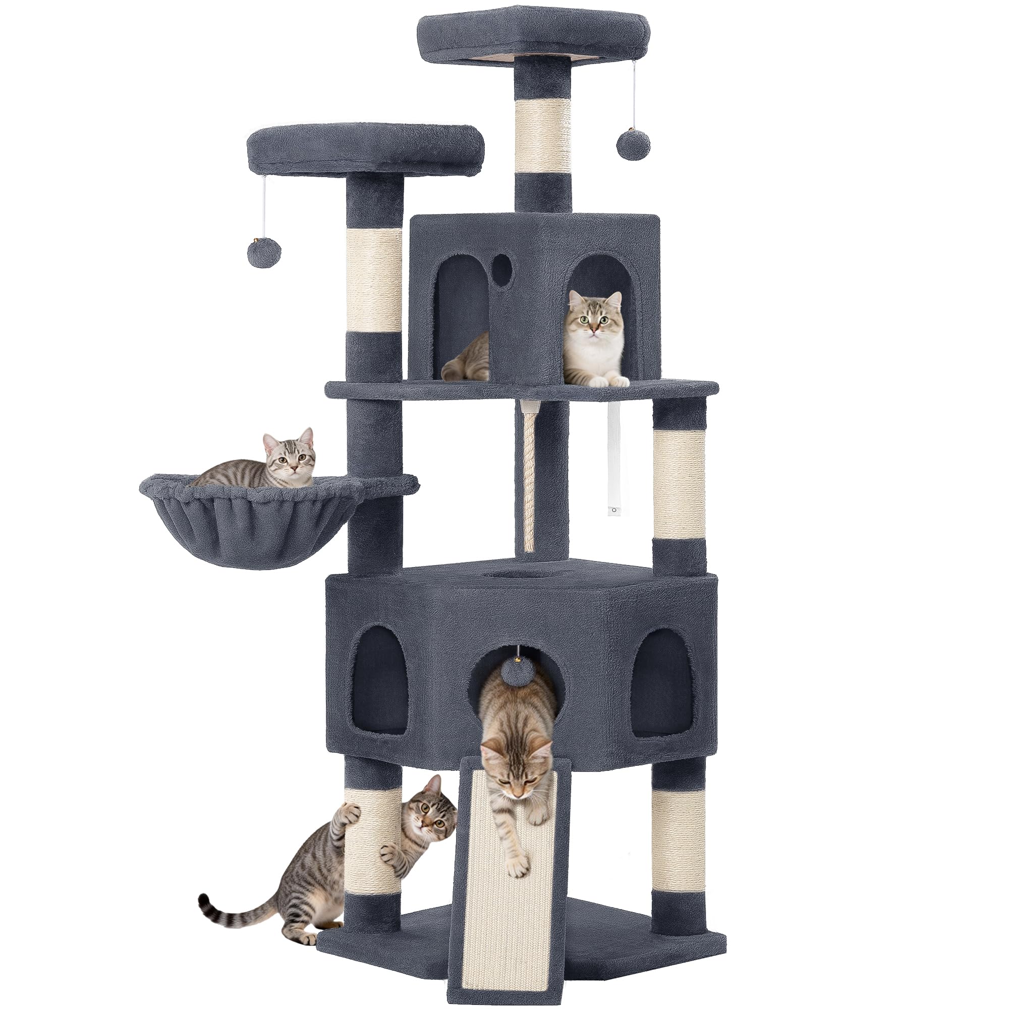 Hzuaneri Cat Tree for Indoor Cats, 174cm Cat Tower for Large Cats, 2 Platforms, 2 Caves, 4 Sisal Posts, Scratching Board, Cat Basket, Sisal Rope, Heavy-Duty for multiple cats, Dark Grey MS17418SG