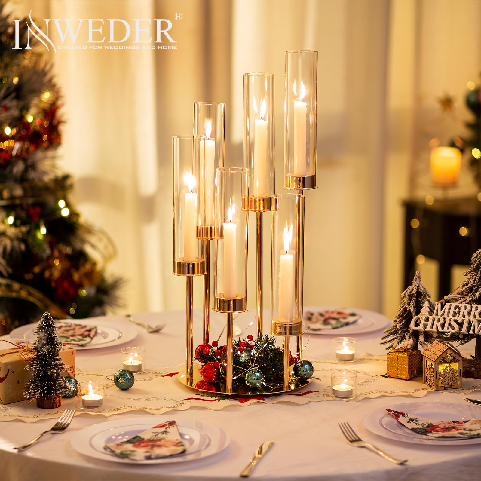 Bougeoir en Or Candélabre de Mariage: 1 Pcs Candélabre en Métal Grand Chandelier à Pie Bougeoir Cylindrique pour Centre de Table Evénement Noël ou Fête
