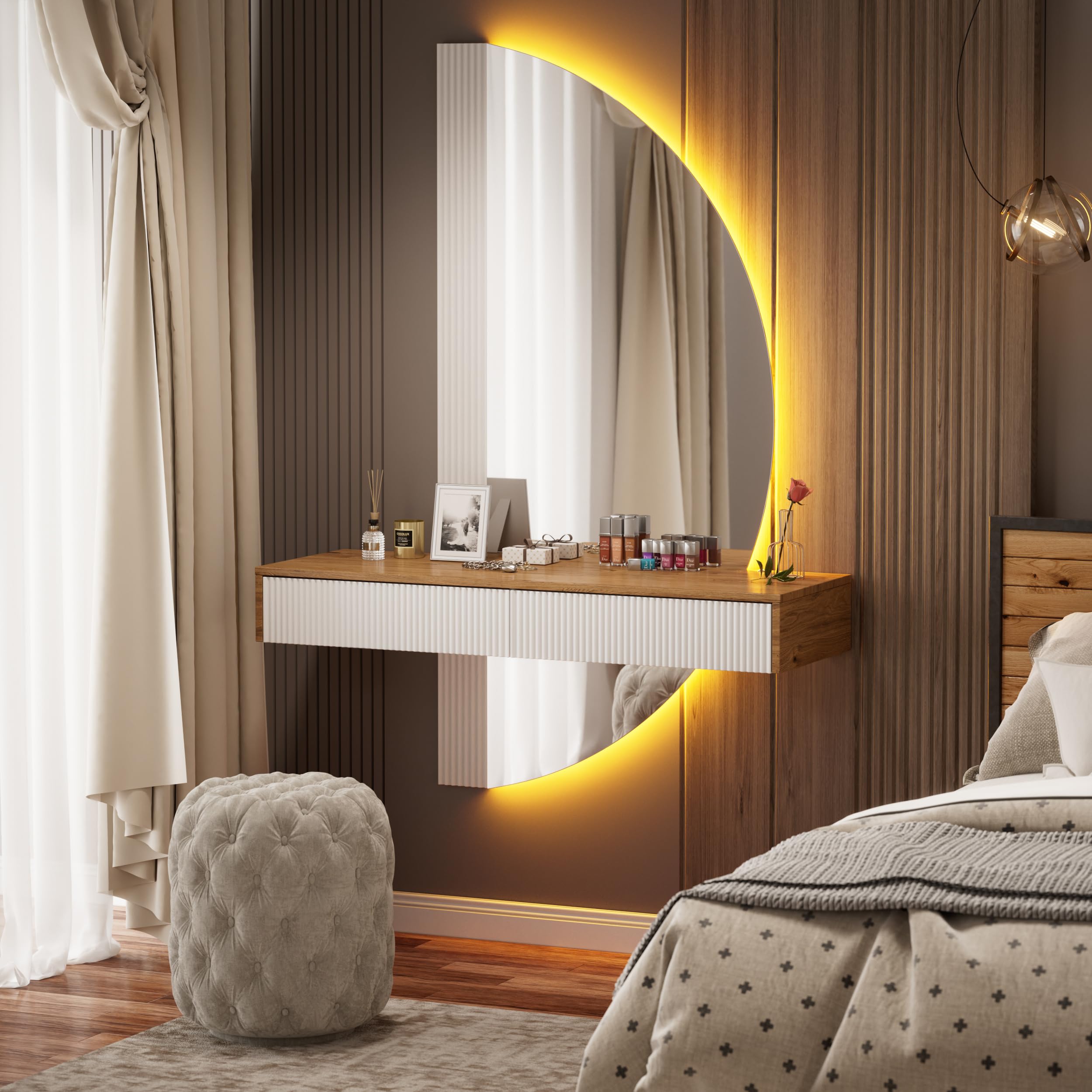 MSFE Tocador Flotante con luz LED y Espejo Semicircular, Penteadeira,Mesa de Maquillaje de Pared con 2 Cajones, Tocador de Maquillaje, Altura Regulable, Ahorro de Espacio, 120 x 40 x 160cm