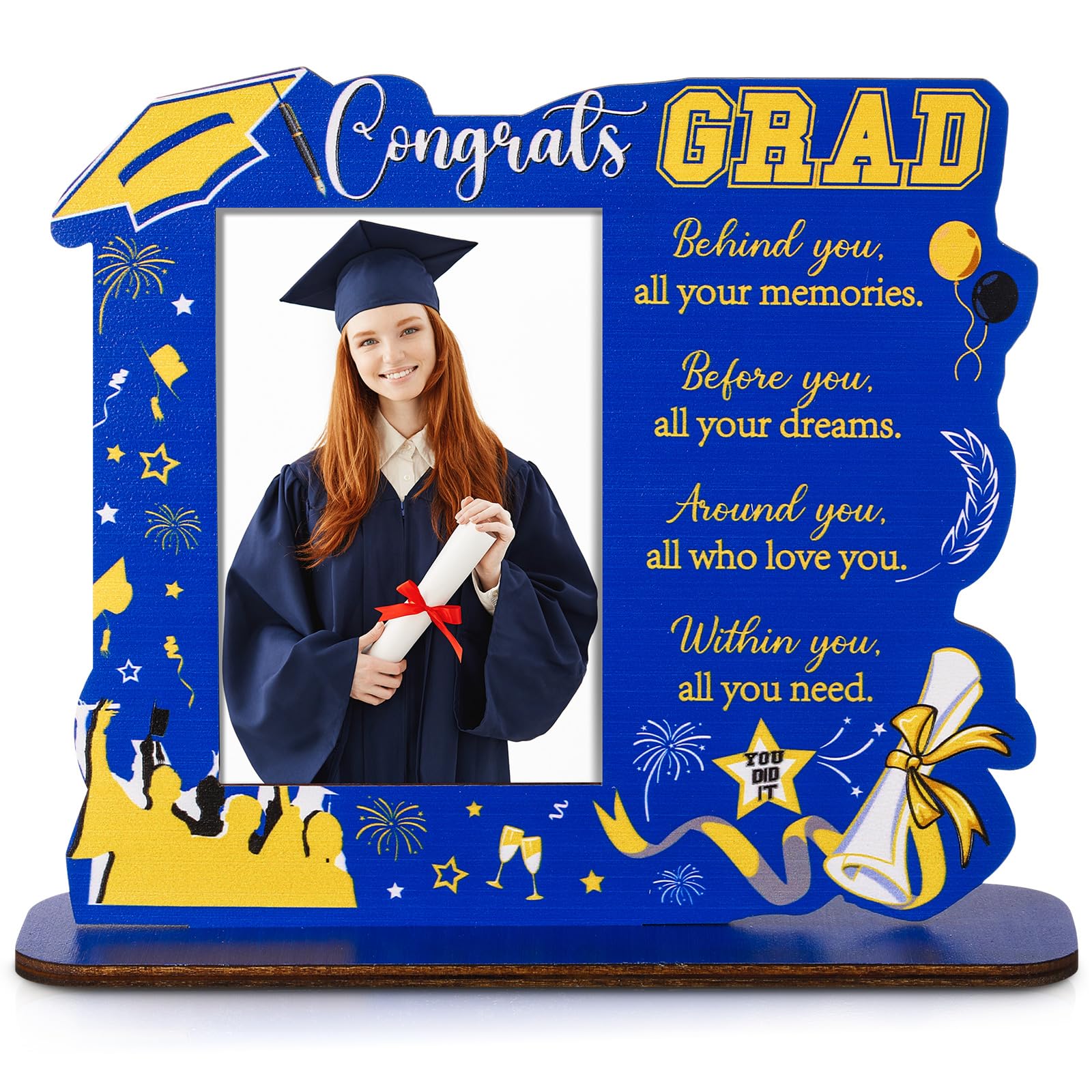 Yaomiao Class of 2026 Graduation Picture Frame Wooden Graduate Small Cap Photo Display Holder with Blessing Words for Kindergarten Preschool High
