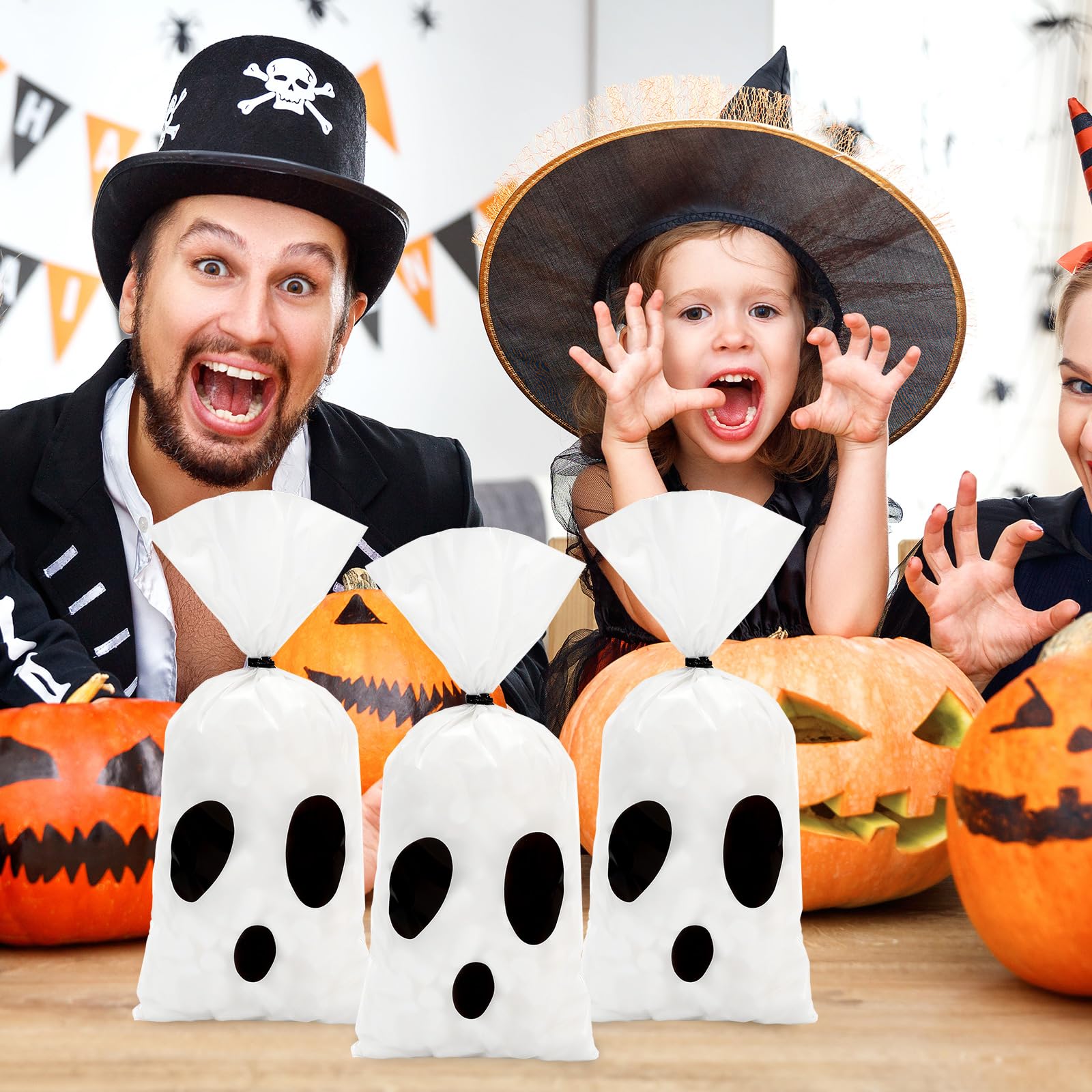100-Pack Halloween Ghost Cellophane Treat Bags With Twist Ties - 10.8x4.9 Inch Plastic Goodie Bags For Candy & Snacks
