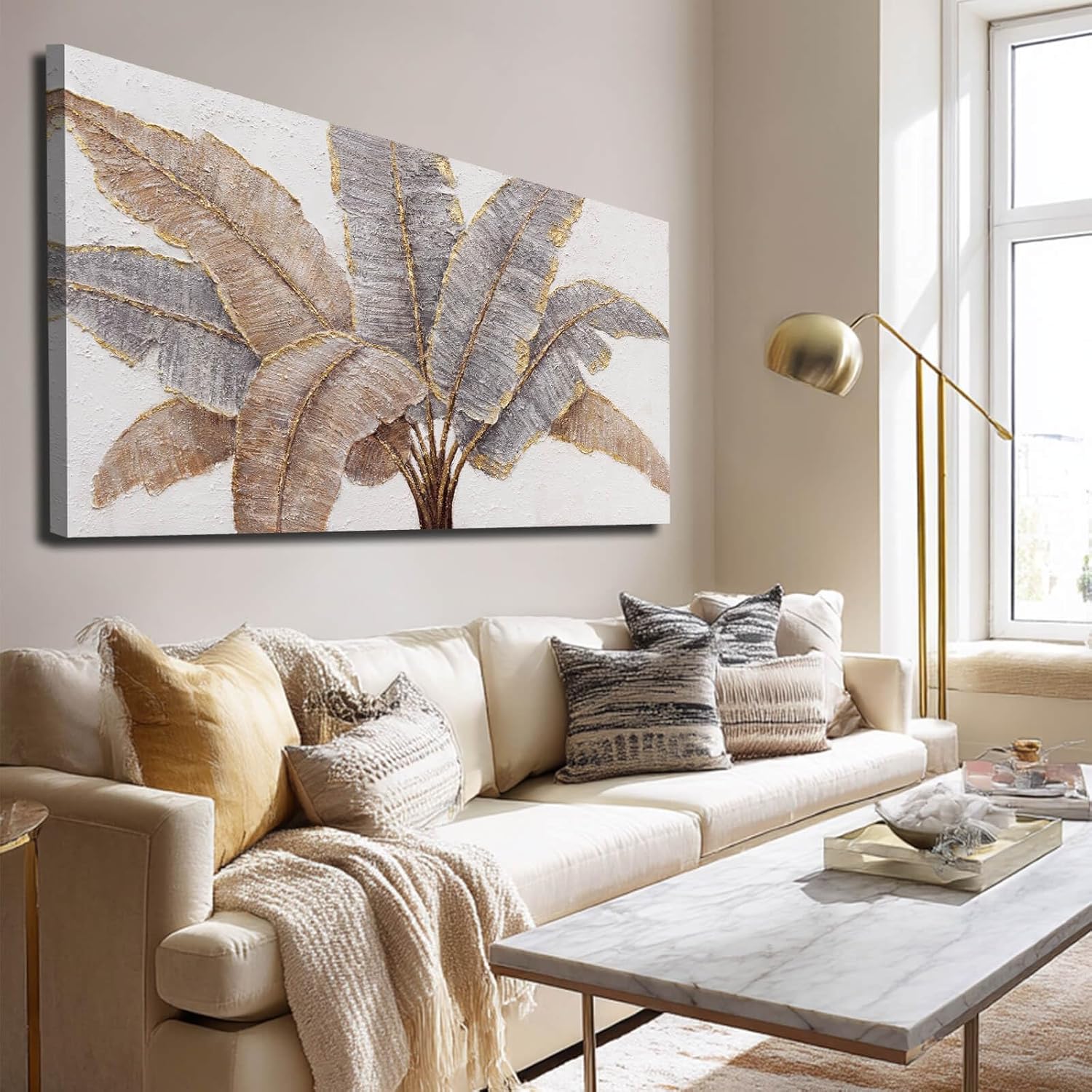 CHUDANHAO Gold Leaves Wall Art Vintage Botanical Art Pictures for Wall Decor Grey Wall Prints Gold Line Painting for Bedroom 24x48 Inch Ready to Hang 24"x48" Beige