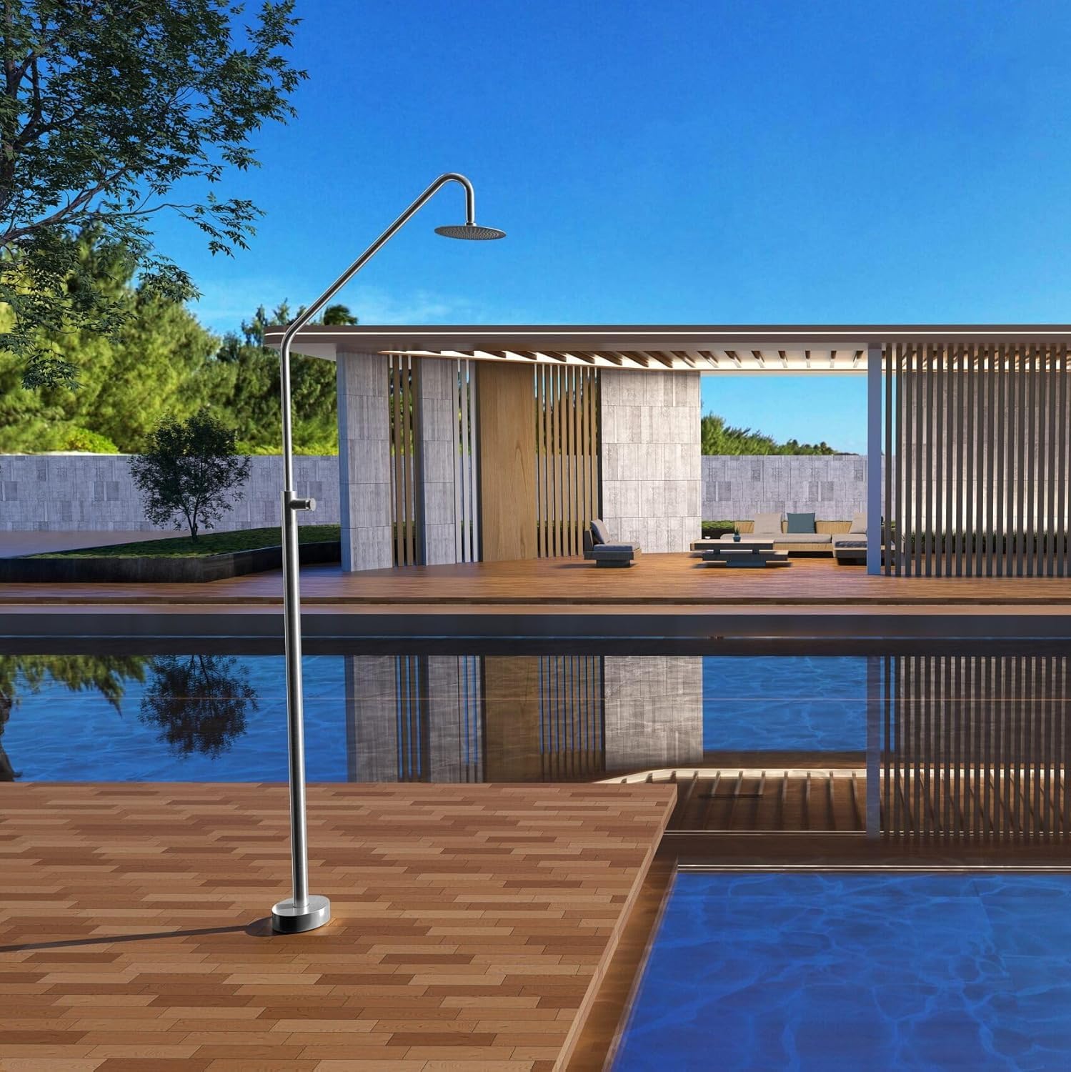 Mice - Ducha Exterior para Piscina y Jardín, 225 cm de Alto con Rociador de 25 cm diametro, Salida de Agua con Botón Temporizador 15 Segundos, Agua Fría - De Acero INOX S316 - Gatantia de 10 años